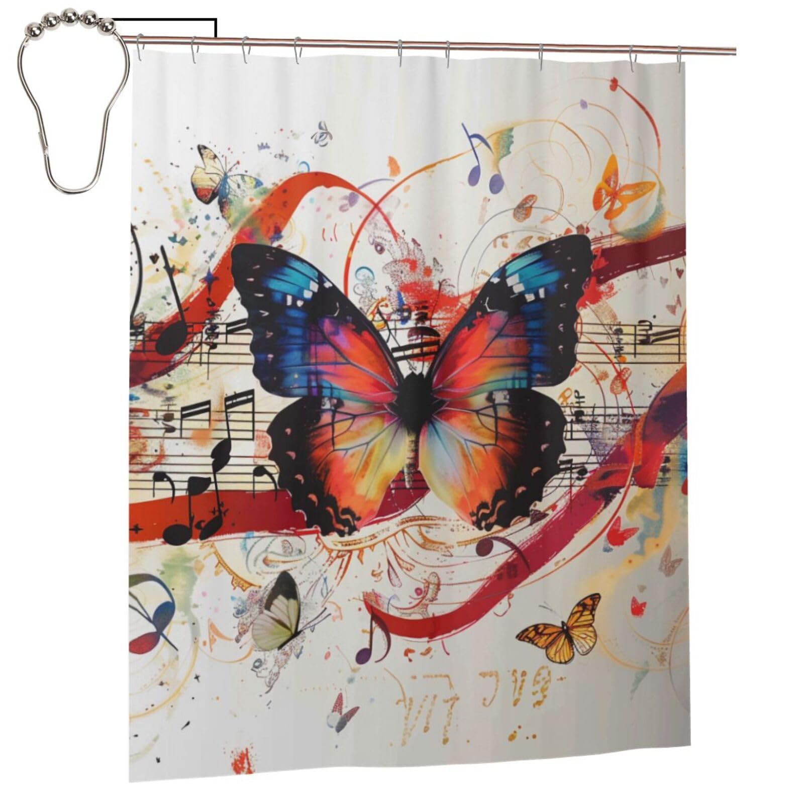 BWWHCCTI Musica Butterfly Printed Shower Curtain With 12 Iron Hooks Opaque Quick Drying Waterproof Shower Curtains Sets For Bathroom 152x183 Cm