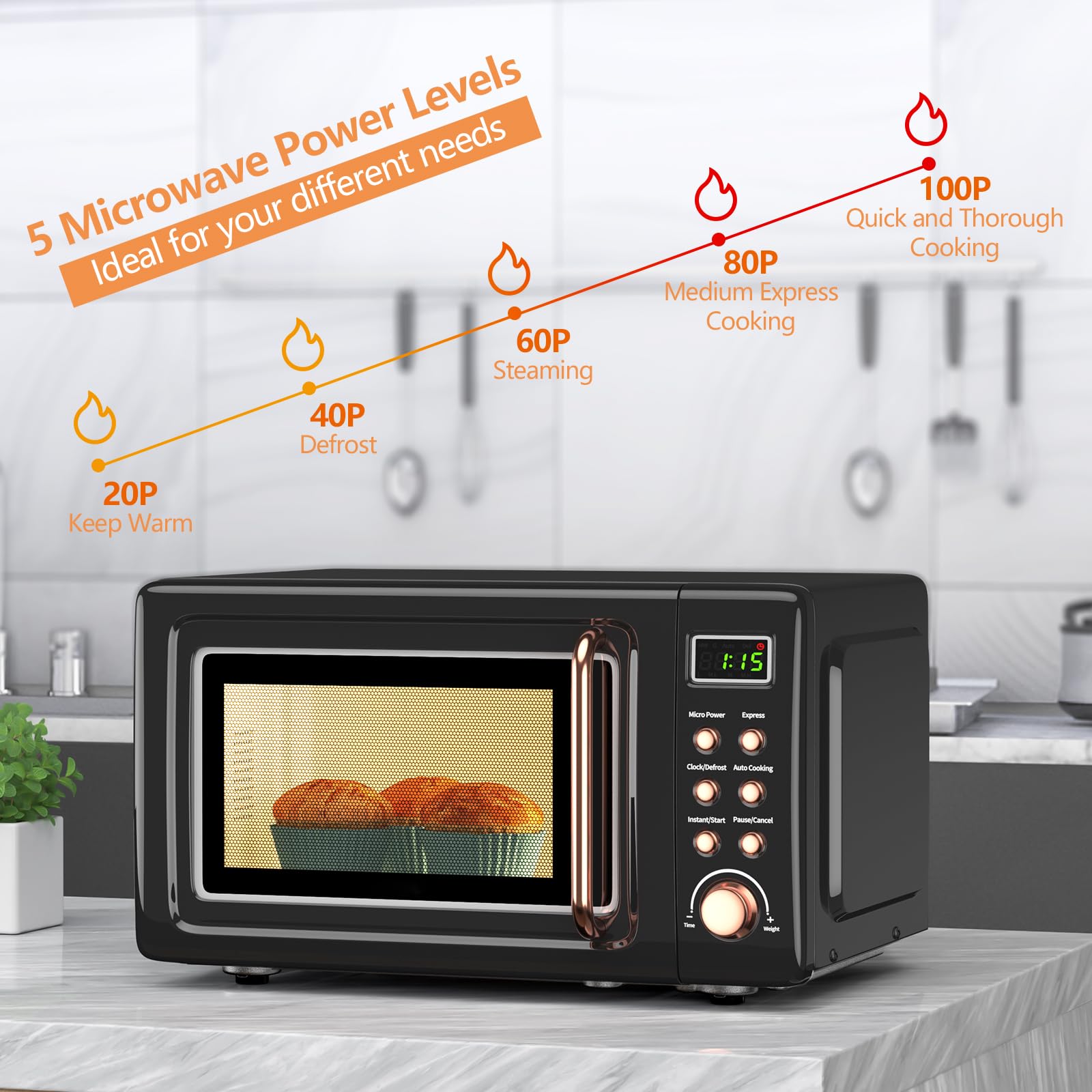 Moccha Compact Retro Microwave Oven, 0.7Cu.ft, 700-Watt Countertop Microwave Ovens w/5 Micro Power, Delayed Start Function, LED Display, Child Lock, Small Microwave(Black)