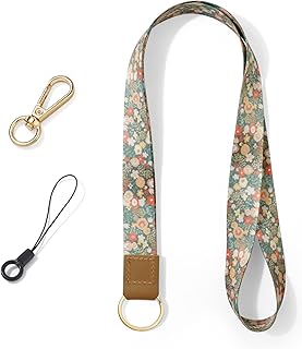 Vicloon Neck Lanyard Wristlet Strap, Print Lanyard Neck Strap, Keychain ID Lanyard Neck Leather Lanyard with Metal Key Rings and Small Lanyard for ID Badge Holder Keys Phone (Floral)