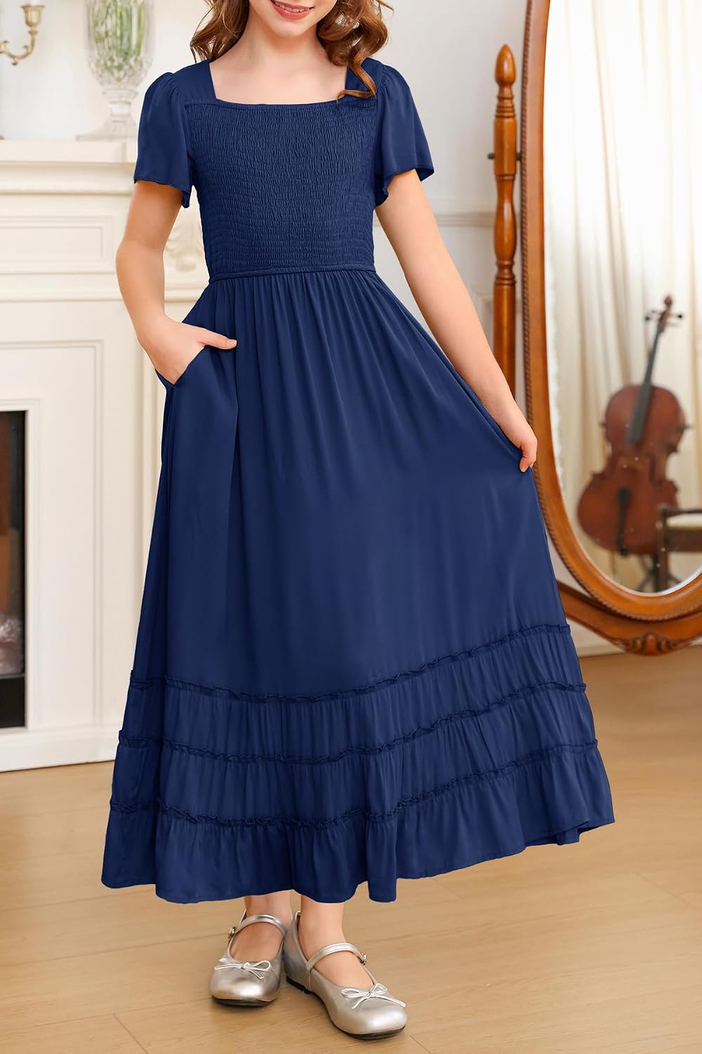 HOSIKA Girls Boho Summer Short Sleeve Square Neck Smocked Flowy Ruffle Tiered Maxi Dress 6-12 Years