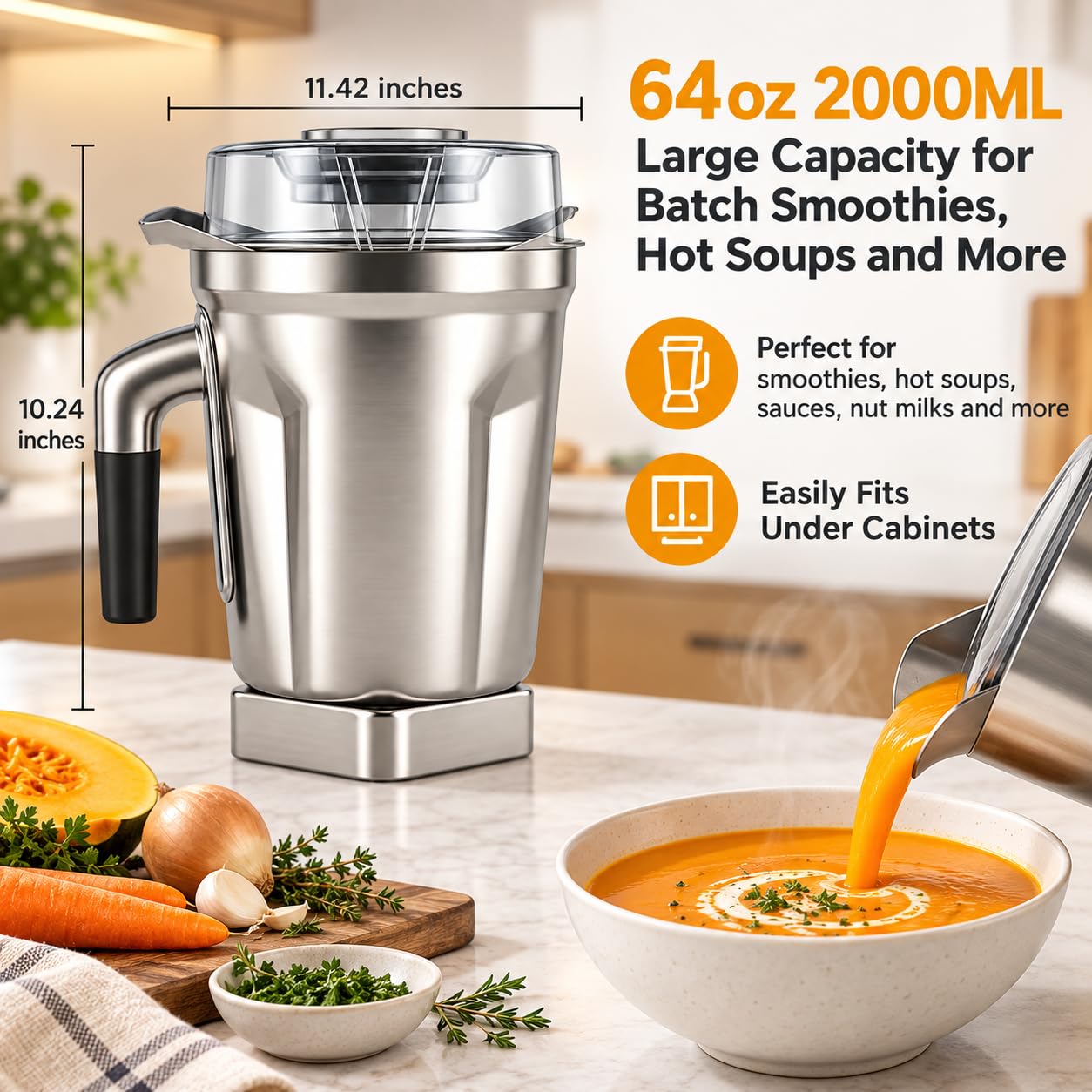 Bote mezclador de acero inoxidable de 64 onzas compatible con Vitamix 5200