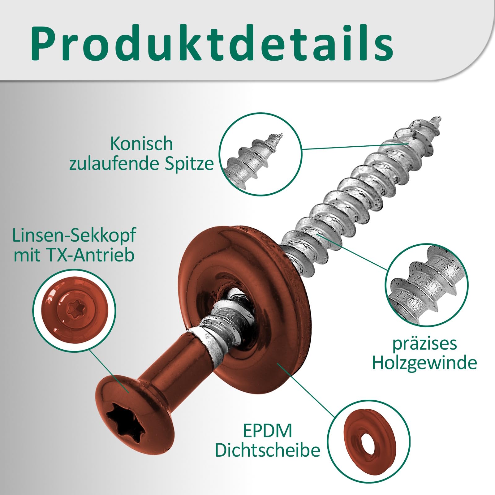 DSM Tornillos de fontanería rojo óxido 4,5 x 45 mm, acero inoxidable A2, lacado RAL 3009, con arandela de sellado EPDM (15 mm), accionamiento TX, similar a DIN 7995/DIN 9171, 100 unidades