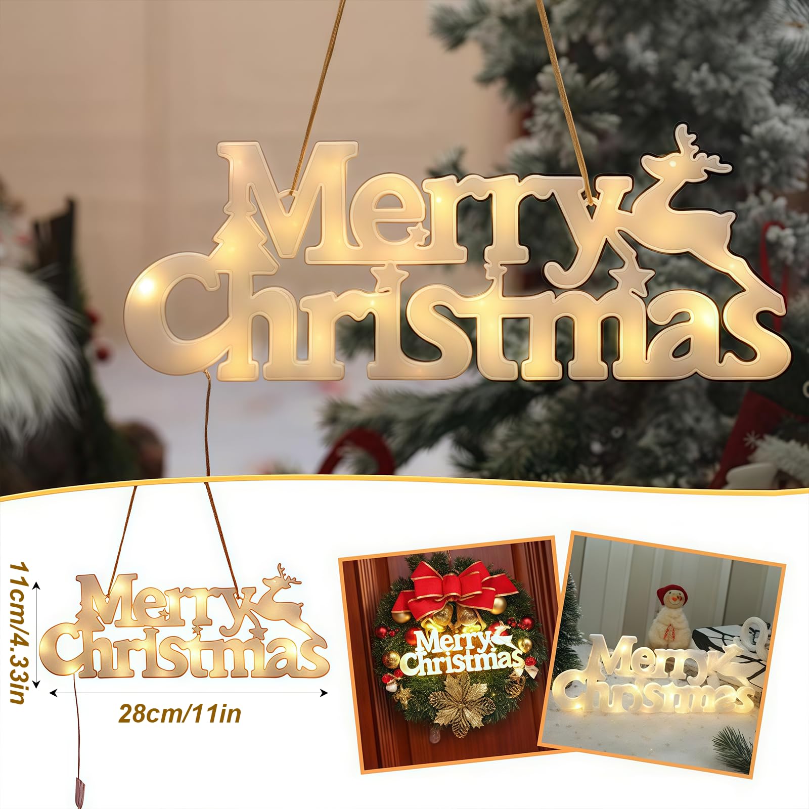 Merry Christmas Sign Light Up Christmas Decorations for Wreath LED Hanging Window Decorative Light Glowing Letter Sign for Xmas Tree Wall Door Fireplace Indoor Outdoor - Image 2