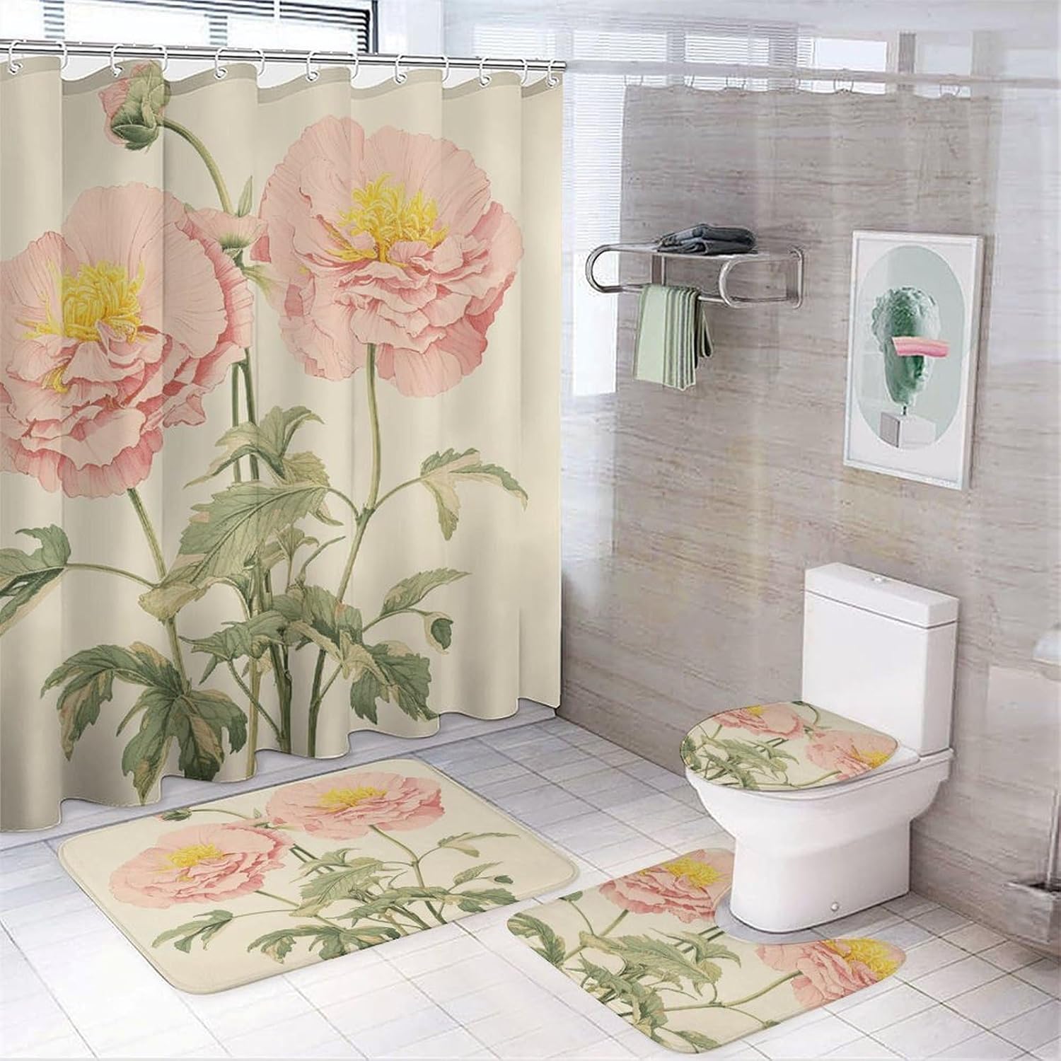 Flower Illustration 4Pcs Shower Curtain Set with Non-Slip Rugs, Toilet Lid Cover and Bath Mat,Bathroom Set Decor Accessories,Curtain Set with 12 Hooks, 72 X 72 Inch