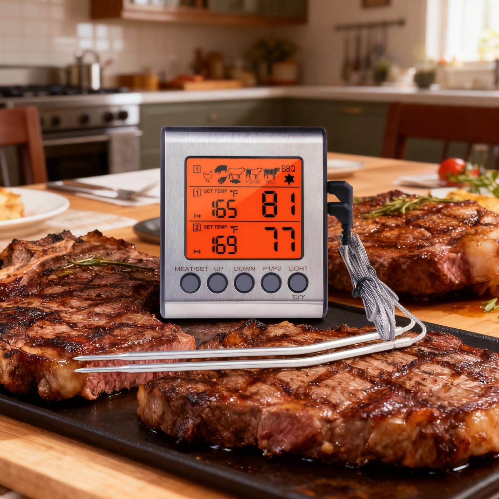 Termómetro de carne, sonda dual digital para cocinar, acero inoxidable 304, retroiluminación LCD grande, con alarma de temperatura preestablecida y preajustes Usda, para horno, parrilla