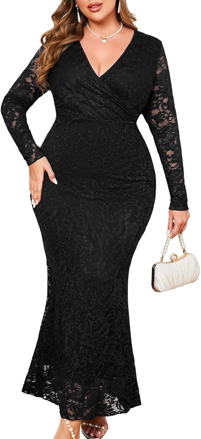 ZOMVA Plus Size Floral Lace Dress Elegant Bodycon Mermaid Maxi Evening Gown V Neck Wrap Long Sleeve Formal Dresses Party