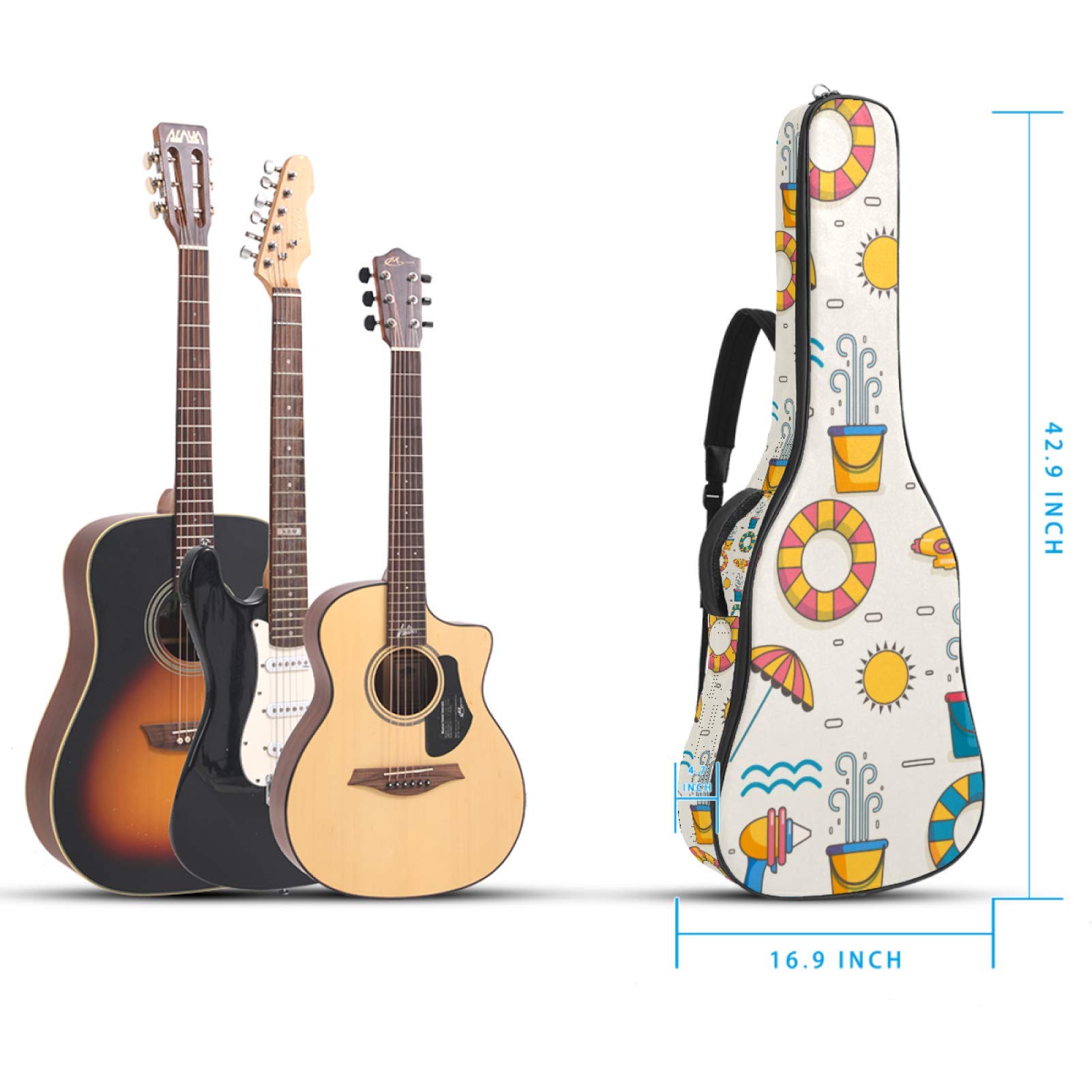 Gitarren-Gigbag, wasserdicht, Reißverschluss, weicher Gitarren-Rucksack, Bassgitarre, Akustik- und klassische Folk-Gitarre, Songkran Thai Wasserpistolen, Regenschirm, Schwimmring Sandalen