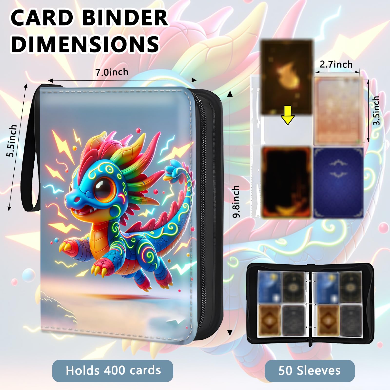 Raccoglitore di carte con 4 tasche con cerniera per 400 carte, raccoglitore in PU con maniche rimovibili per 50 pagine, album da collezione portatile, libro di carte per carte da gioco, carte sportive