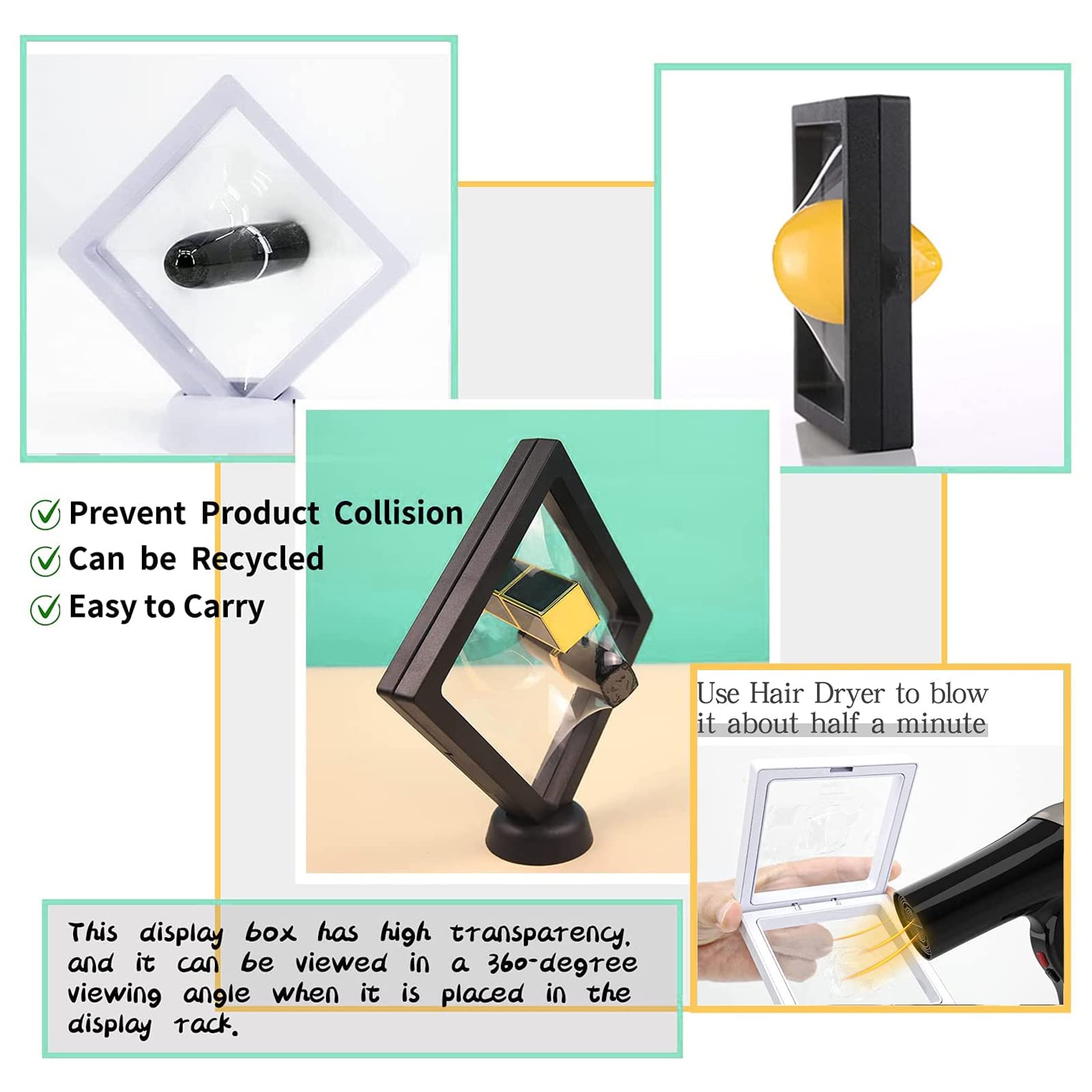 12 sztuk Floating Frame Display 3D, ramki na monety z podstawowym wyświetlaczem na biżuterię, kolczyki, pierścionki, medaliony, kamienie (czarny, biały)