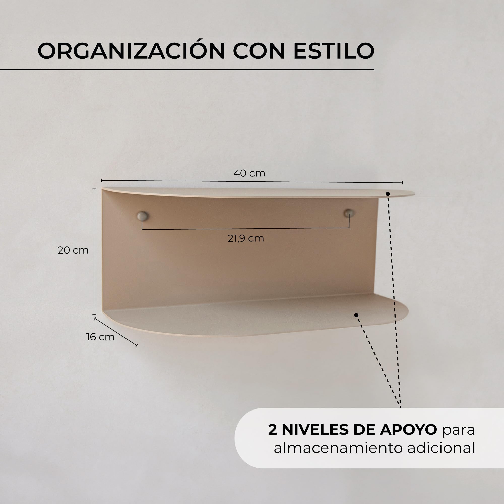 MILUKA Pack 2 Mesitas de Noche Flotantes en Beige Arena 40 x 20 cm | Estanteria Pared Moderna con 2 Baldas en una Sola Pieza | Diseño Minimalista - Sin Montaje | Hecho en España