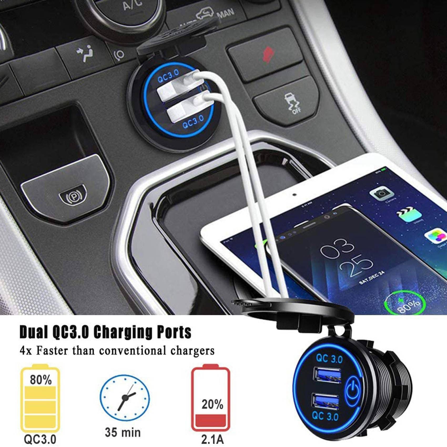 20X Carga Rápida 3.0 Cargador de Coche Usb Dual 12V 36W Cargador Rápido Usb con Interruptor para Moto Camión Carro de Golf Azul