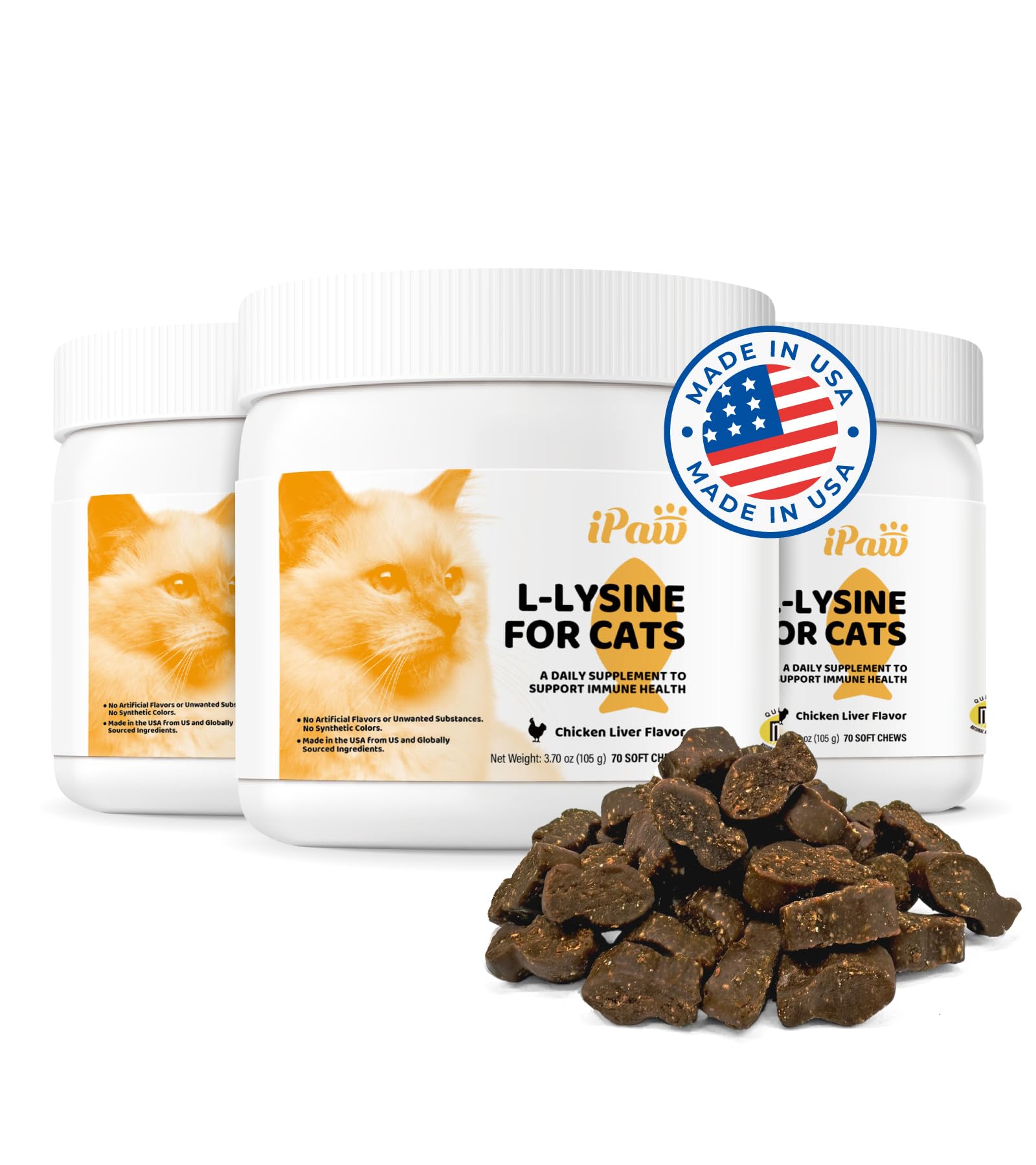 iPaw L-Lysine Chews for Cats, Daily Immune and Respiratory Support for Cats, Lysine Treats Supplement, Made in USA, Chicken Liver Flavor (70 Chews/Pack), 3 Packs 3 Jars