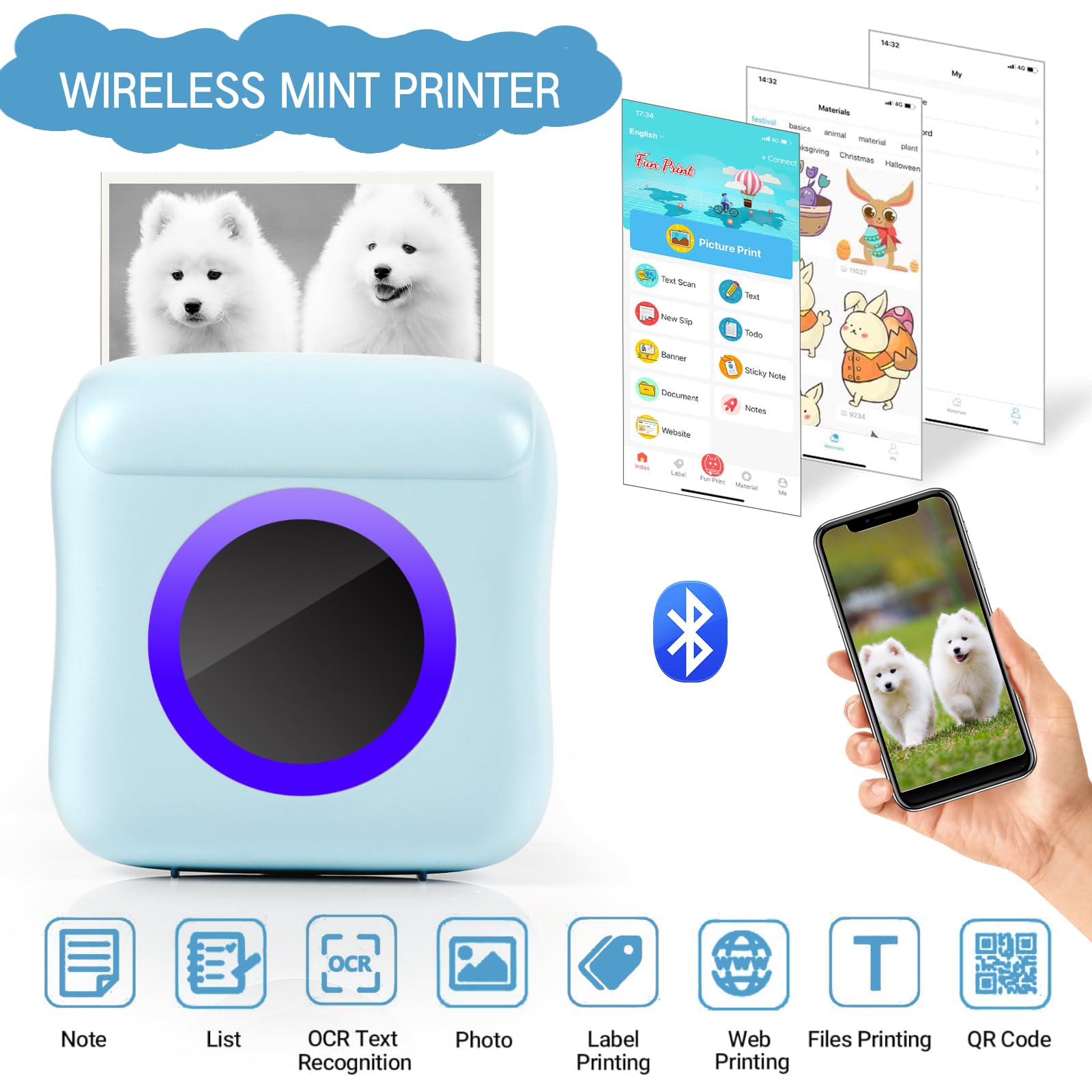Mini Stampante Fotografica, Mini Stampante Termica, Stampante Fotografica Istantanea Portatile con LED colorati, Mini Stampante Termica Bluetooth con Ricarica USB Stampante, per Note, Elenco, Memo
