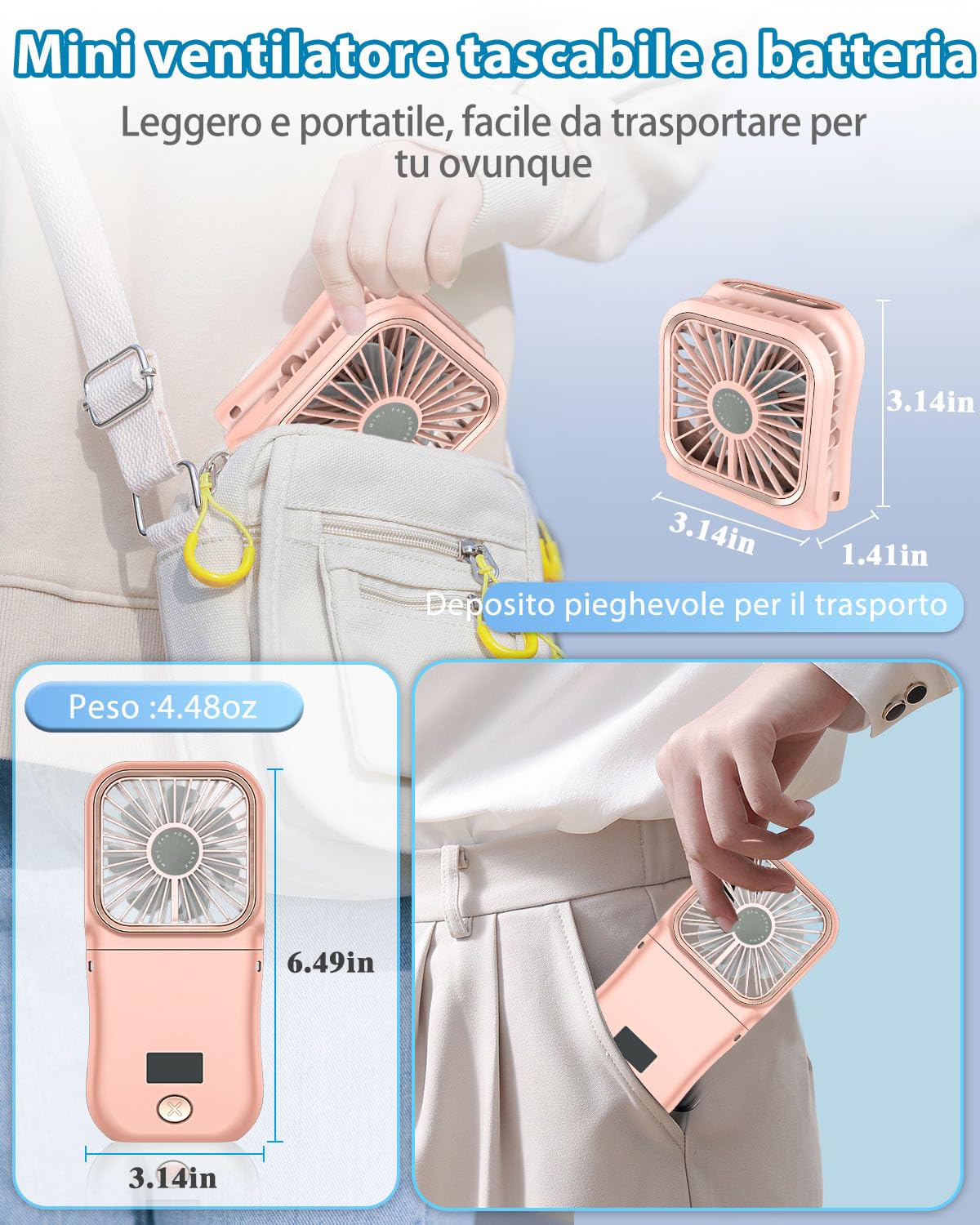 Kouric Mini Ventilatore Portatile Pieghevole 8cm, Tascabile con Batteria 4000mAh e Autonomia 8 Ore, Display LED e 3 Velocità, Cordino Regolabile Incluso, per Viaggio, Mezzi Pubblici e Città