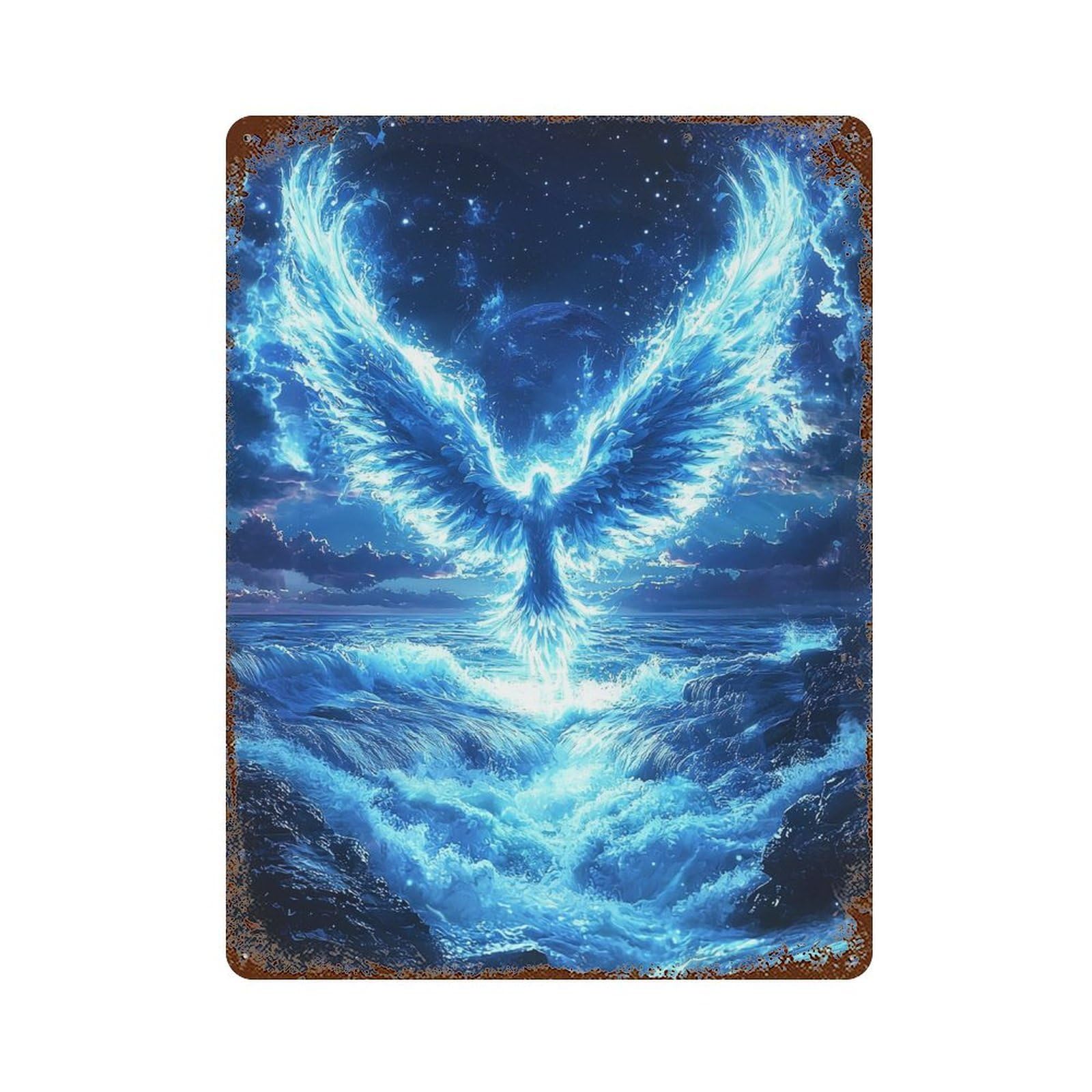 Blue Phoenix Rising Over Ocean Aged Metal Wall Plaque 15.7"x11.8", Rustic Home Decor for Garage, Pub Or Kitchen