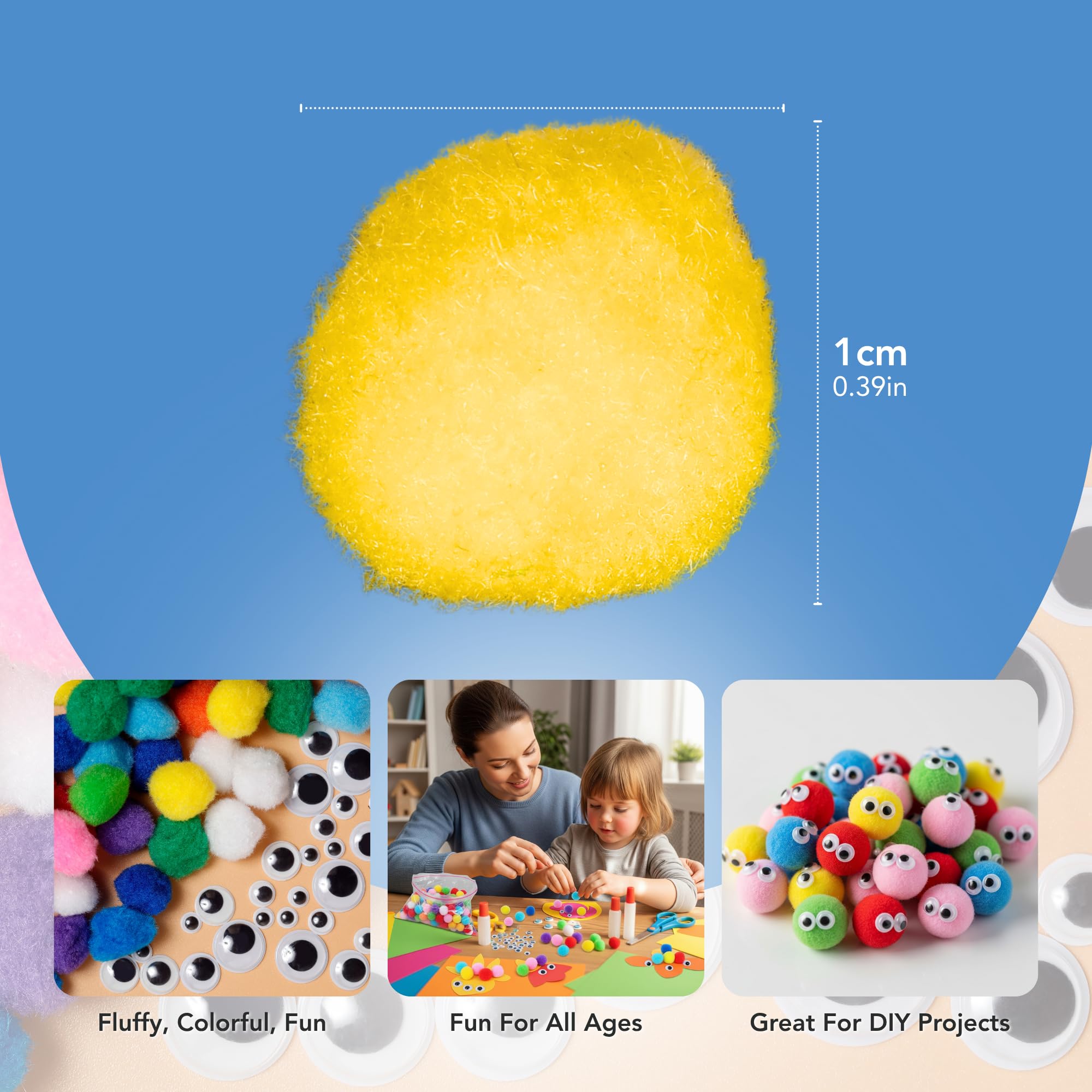 Incraftables Pompons mit Kulleraugen, 1500 Stück, bunte Baumwoll-Pompons für Bastelarbeiten, Hüte, Kunst und Dekorationen, mehrfarbig, geschwollene Pompons, Geschenk-Set für Kinder und Erwachsene