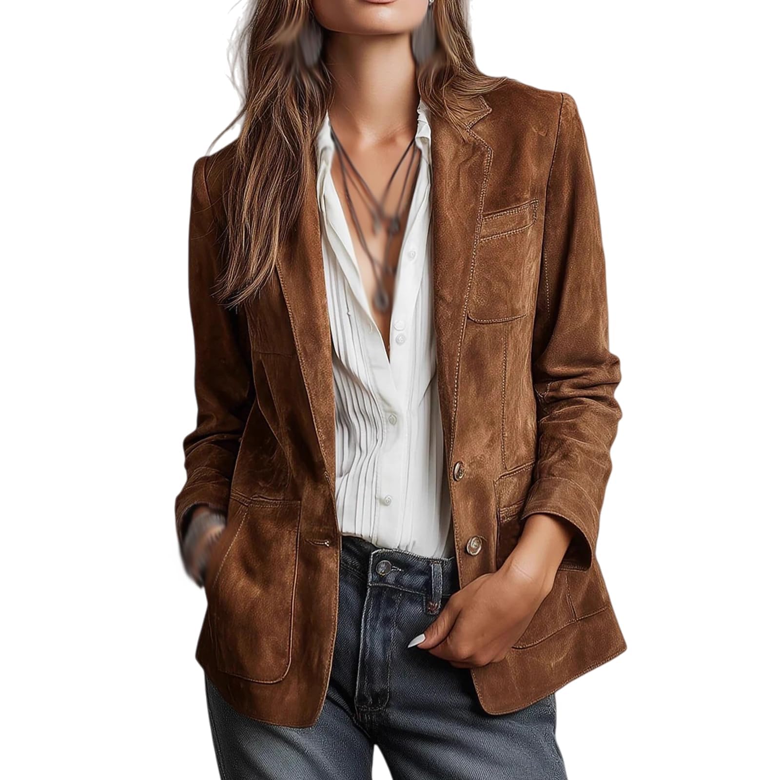 Faux Suede Blazer Jackets for Womens Retro Lapel Notched Collar Button Down Solid Color Long Sleeve Work Dressy