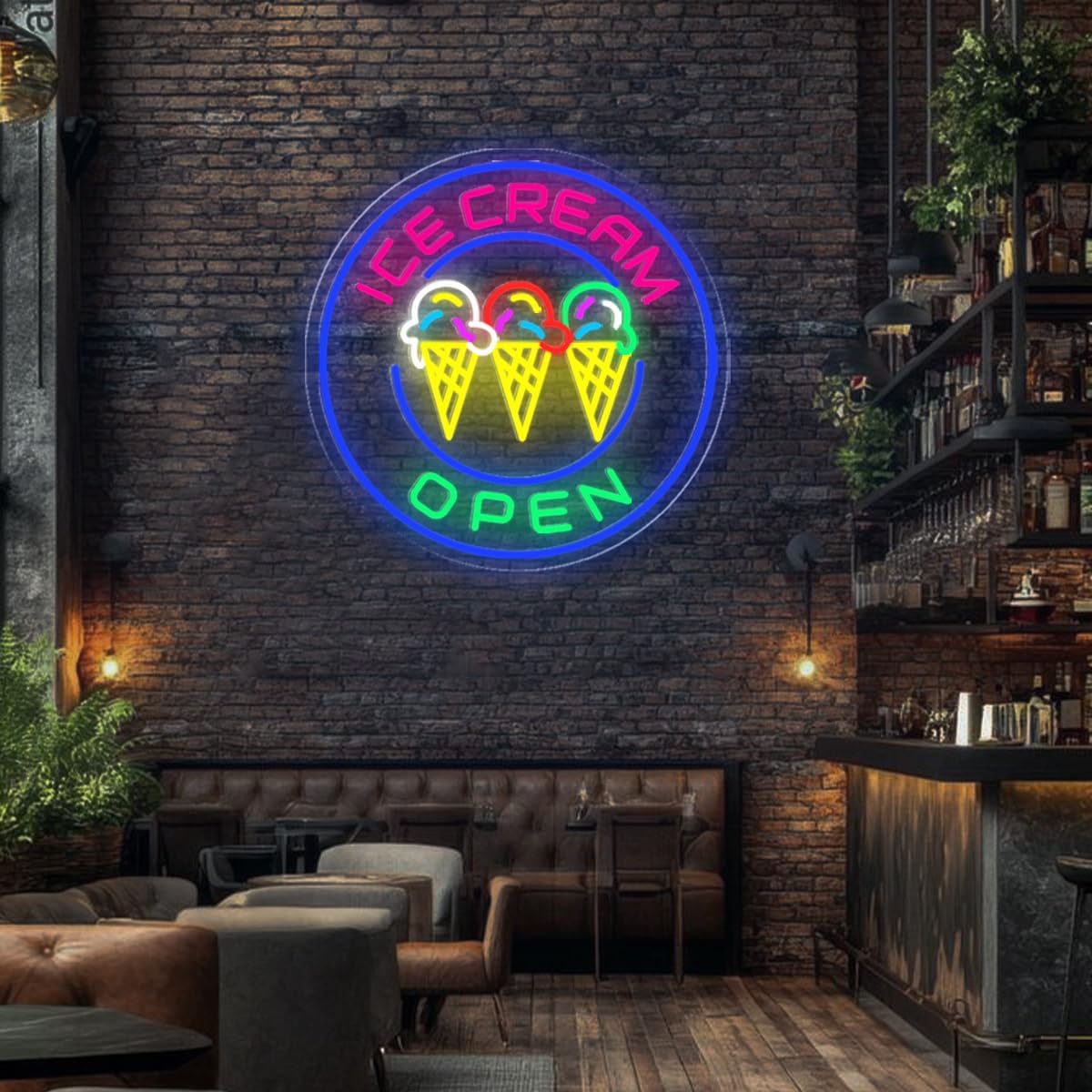 Ice Cream Open LED Neon Sign, Custom Ice Cream Neon Lights for Coffee Bar Decor, Neon Light Restaurant Wall Decoration, Size:20-30 Inches