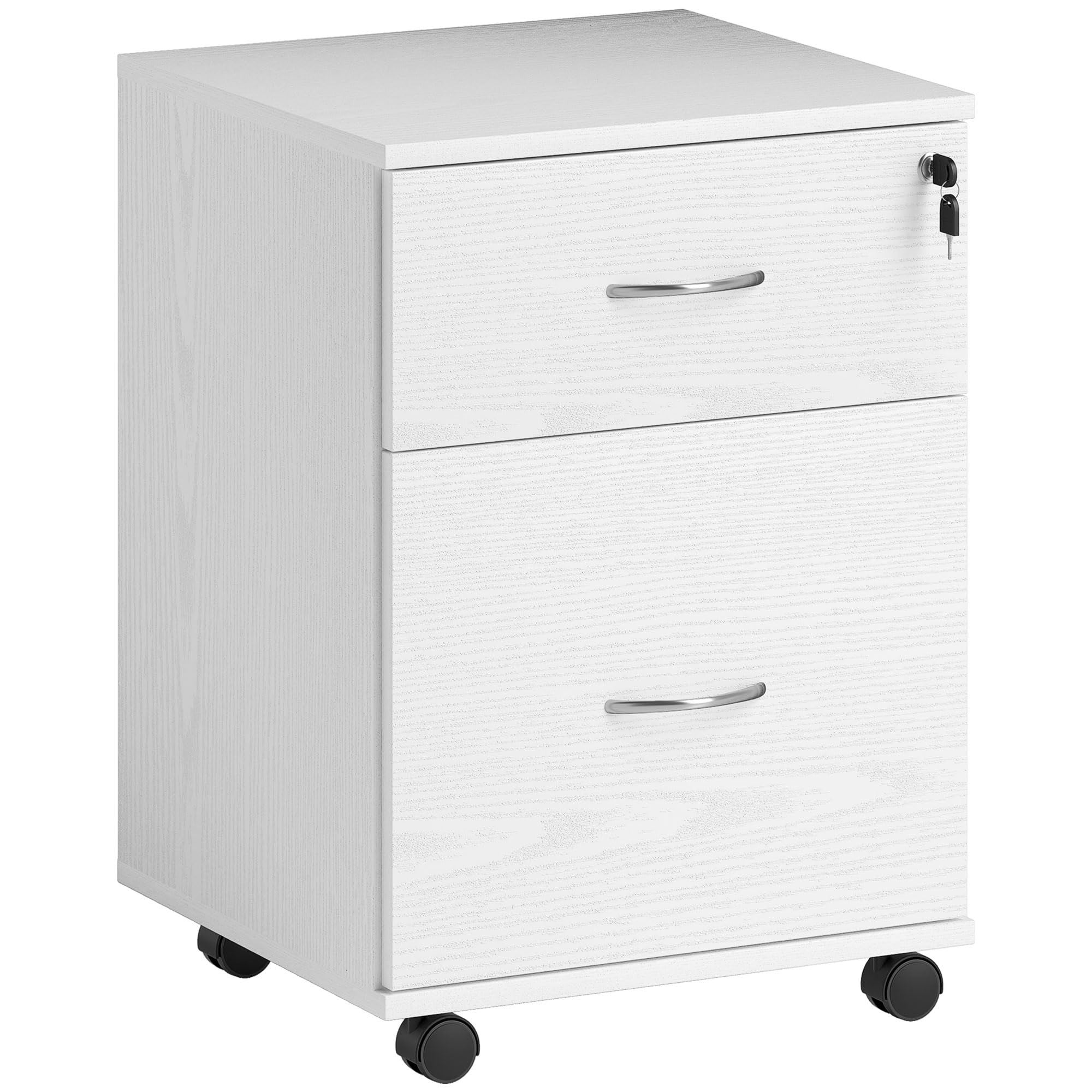HOMCOM 2 Drawer Lockable Filing Cabinet with Wheels, Mobile Filing Cabinet for Home Office, Small Printer Stand, White Wood Grain