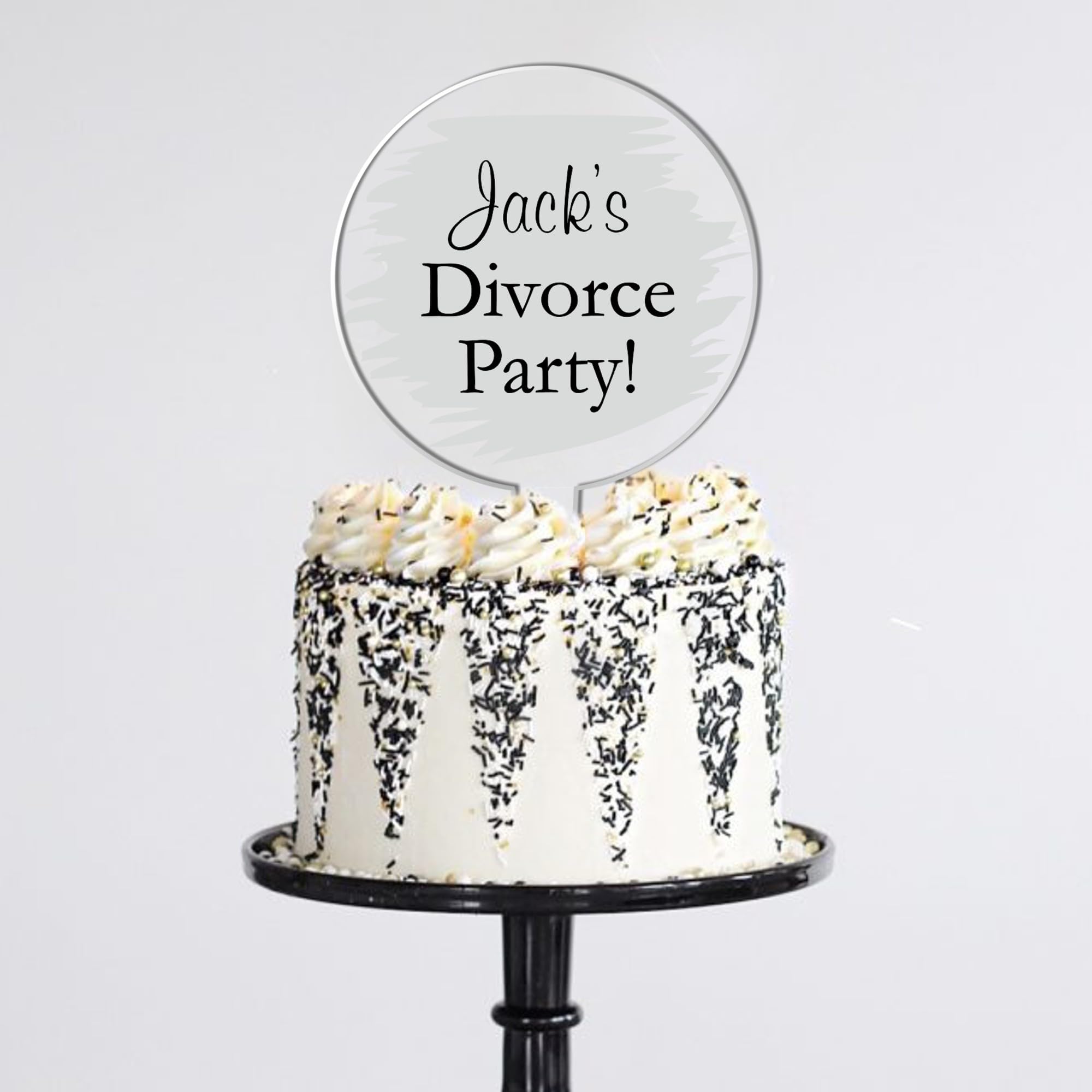 Personalised Acrylic Cake Topper for Divorce Parties – Custom Name with Funny "Divorce Party! Wording" Theme in 6 Colours (Grey)