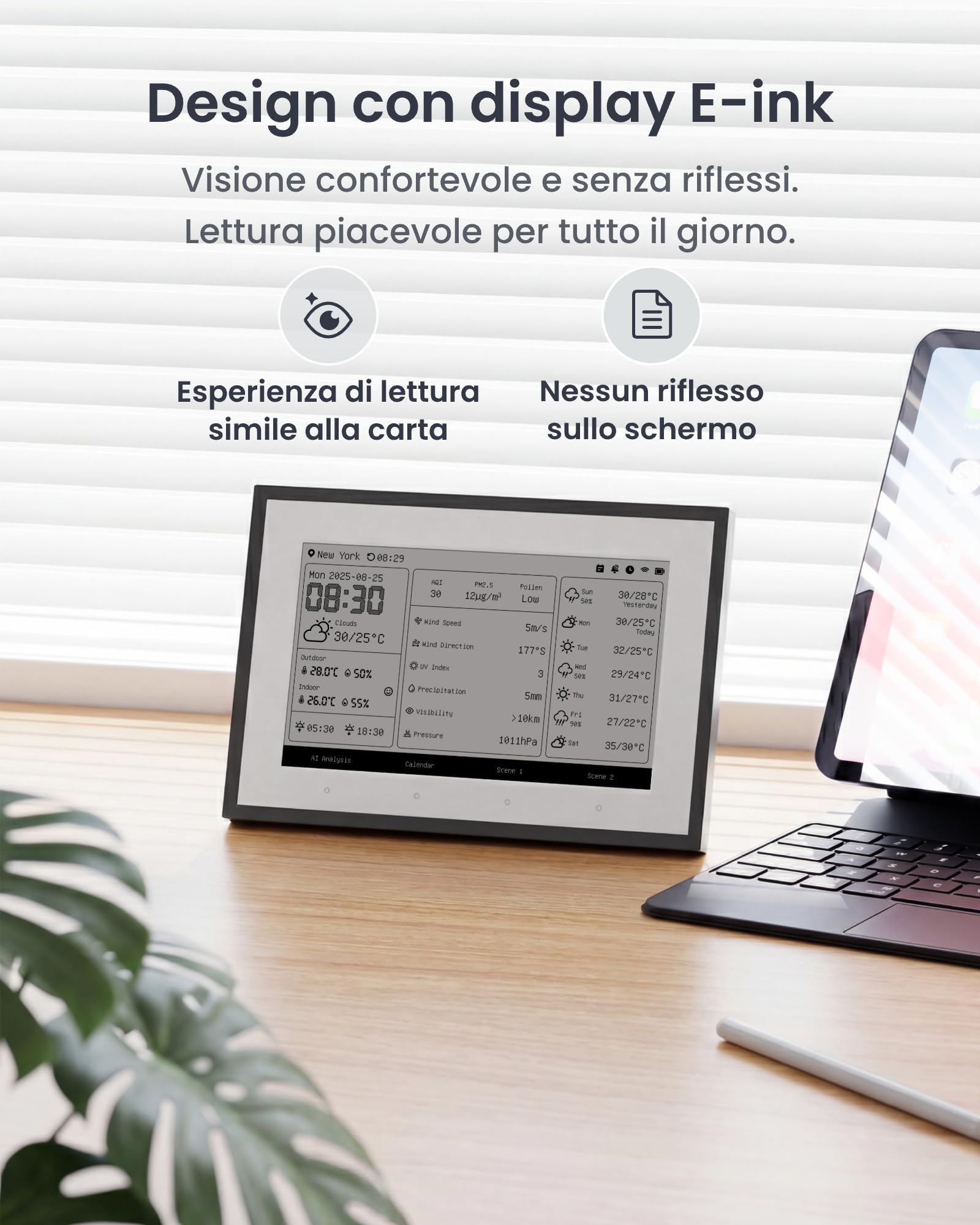SwitchBot Stazione meteo intelligente, monitor wireless da 7,5", per temperatura interna/esterna e umidità con calendario elettronico, compatibile con Google, iCloud, Outlook, Yahoo