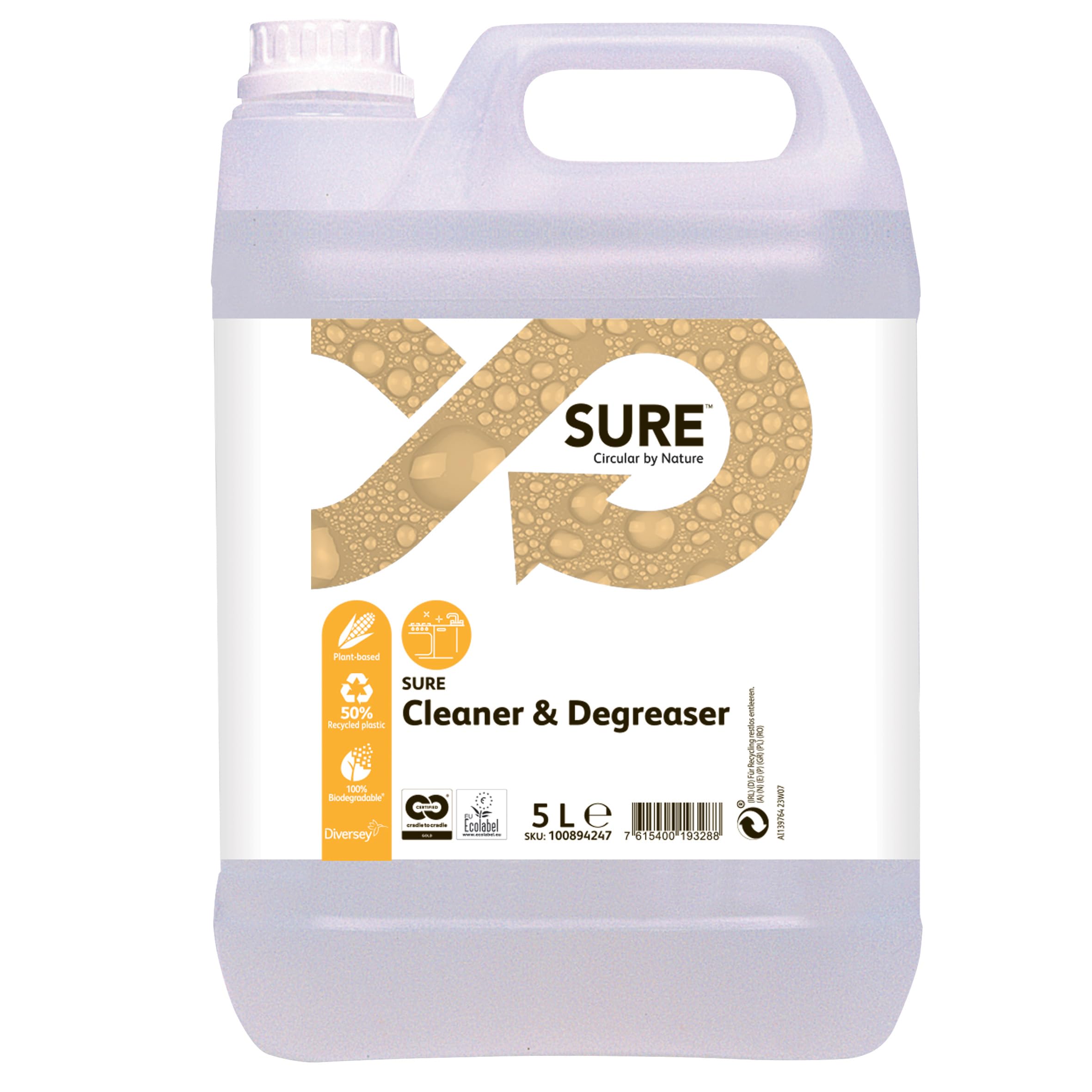 Diversey Sure concentrato detergente e sgrassatore, pianta base, 100% biodegradabile, ecologico, 5L (confezione da 2)