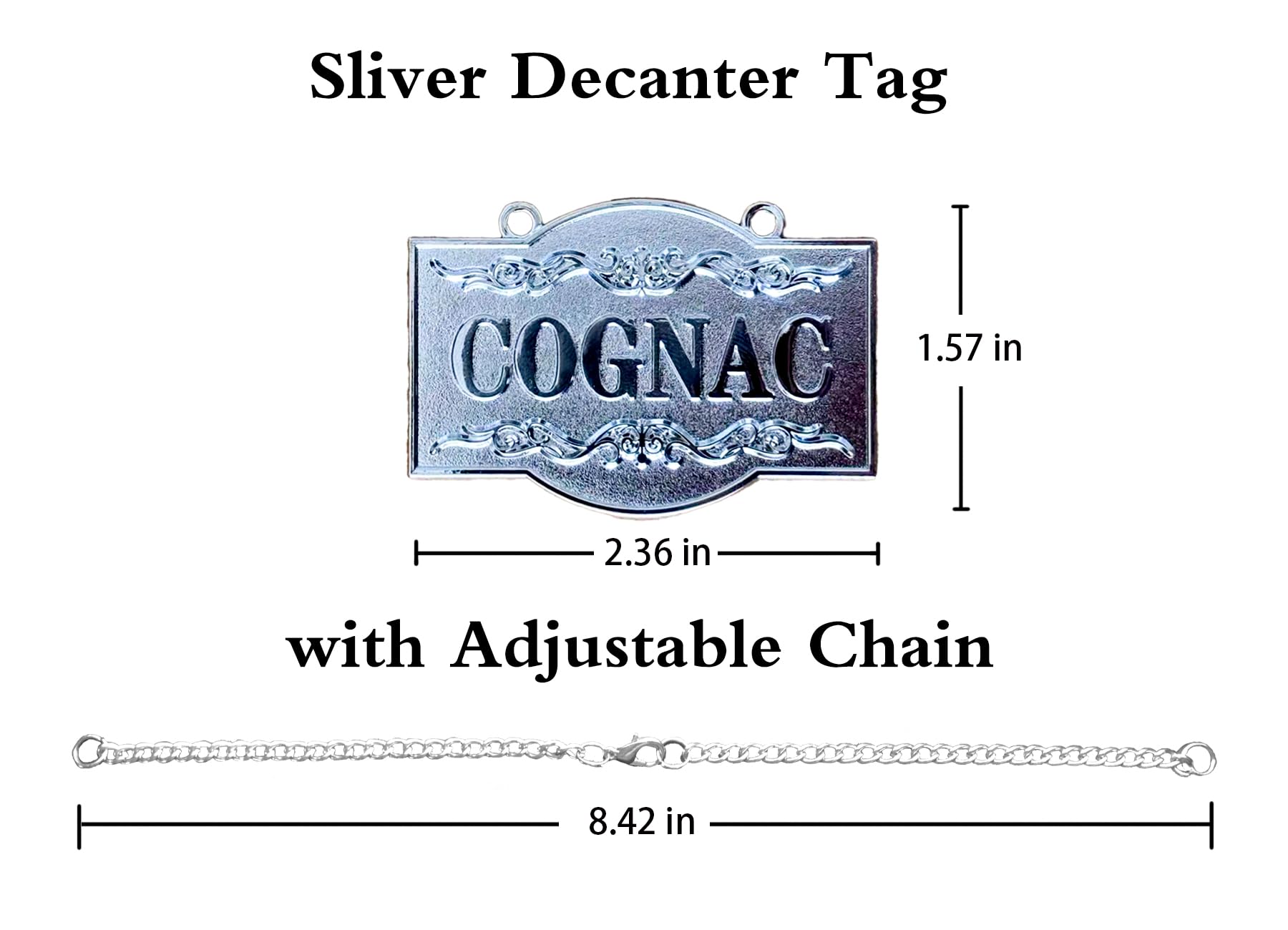 1PSC Decanter Tag - Splendido argento - Etichetta decanter per cognac con catena regolabile - Etichetta per liquori - 6 x 4 cm