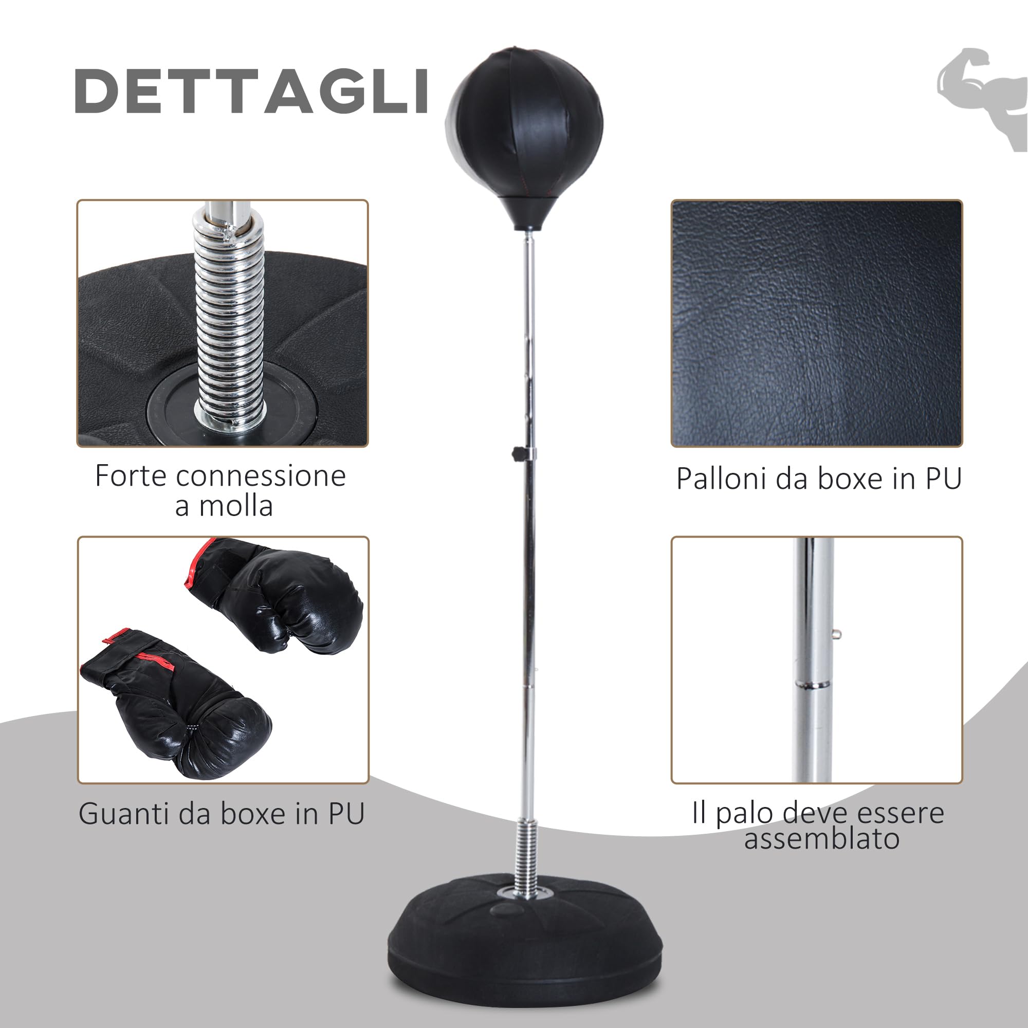 HOMCOM Punching Ball da Terra per Adulti, Sacco da Boxe da Terra con Base Riempibile, Pompa ad Aria e Guantoni, Altezza Regolabile da 126-144 cm, Speed Bag per Home Gym Casa e Palestra, Nero