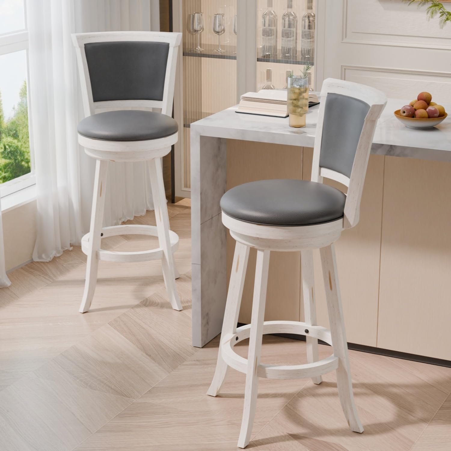 Callales Bar Stools Set of 2, Farmhouse 30" Counter Height Barstools with Leather Back, 360° Swivel Bar Chair with Solid Wood Legs & Footrest for