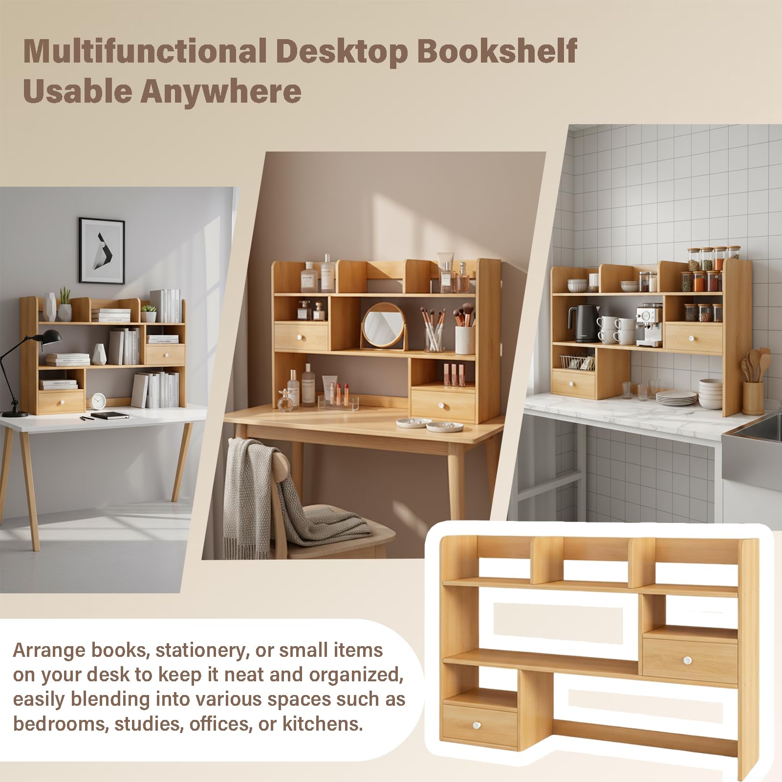 Libreria da Scrivania Mini Scaffale da Appoggio con Cassetti, Mensola Scrivania Legno Salvaspazio per Ufficio, Porta Libri Organizer con Struttura Stabile 60/80x17x80cm(Size:80x17x80CM)
