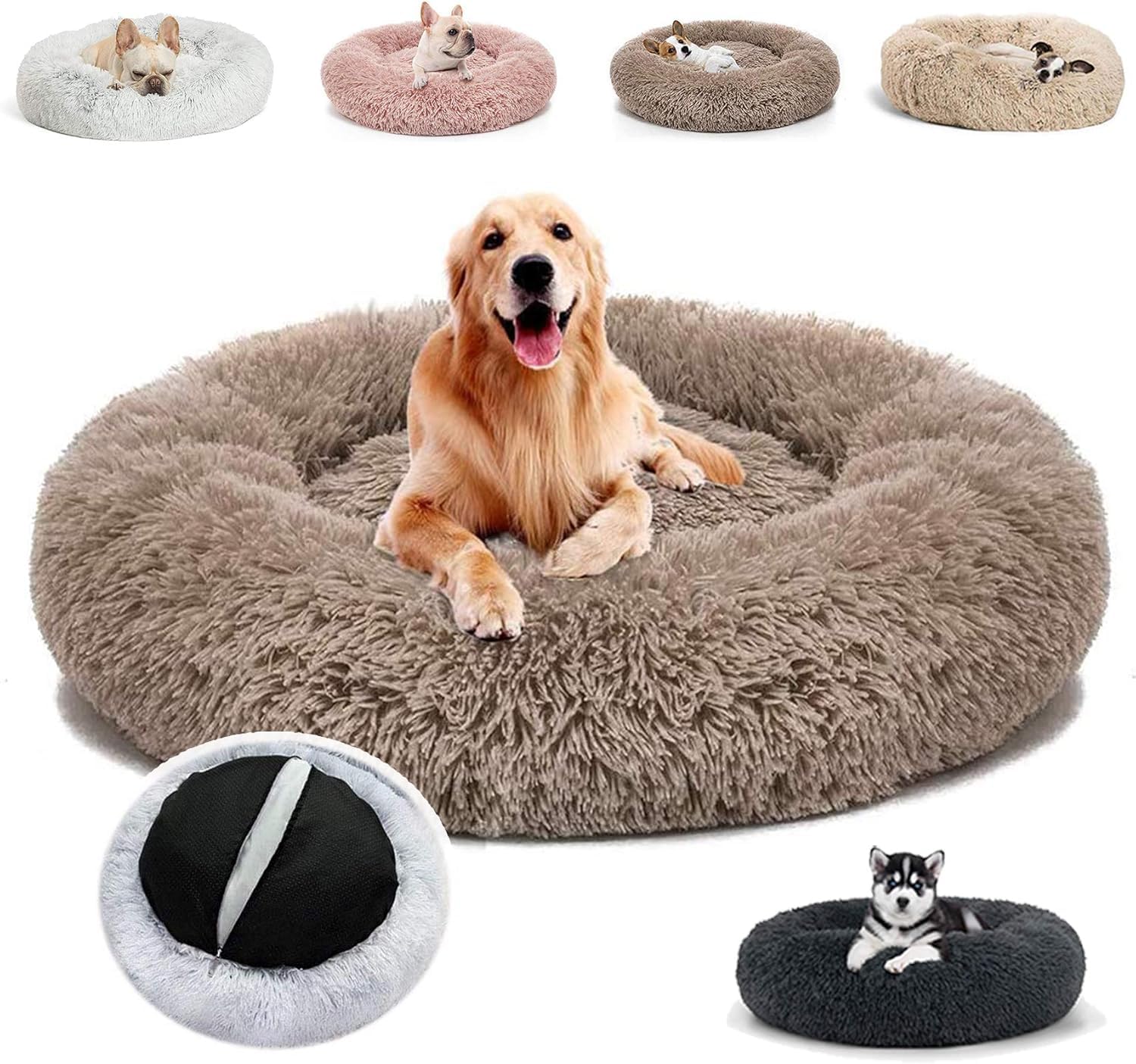 JRUI Hundebett für Grosse Hunde Abziehbar Waschbar (3XL) 100 cm Ø, Rund Plüsch, Extra Weich, Gegen Stress und Angst, für Kleine, Mittlere und Große Hunde Katzen, Braun