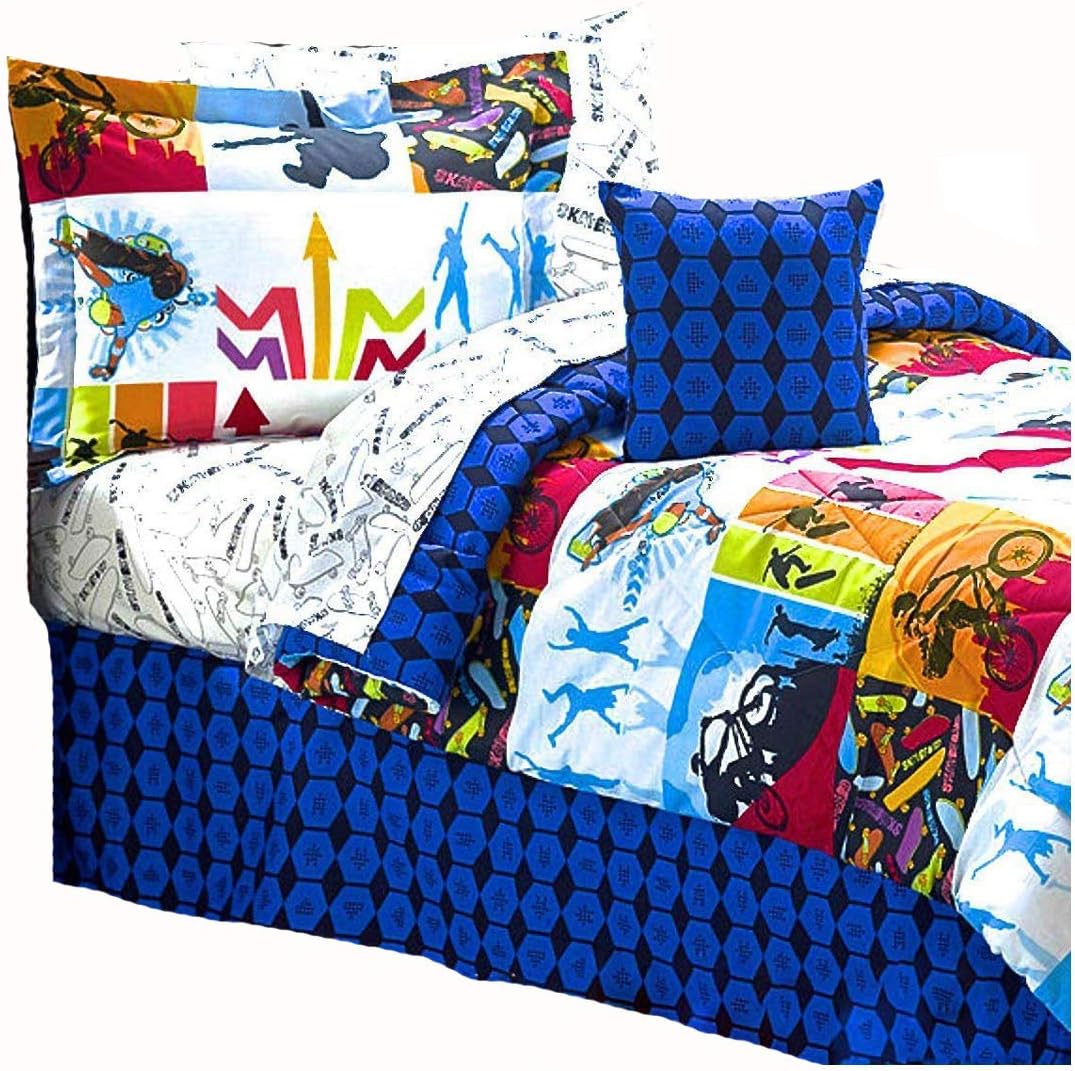 Extreme Sports Skateboard BMX Comforter & Sheet Set Bed in A Bag (6pc Twin Size 66"x 86")