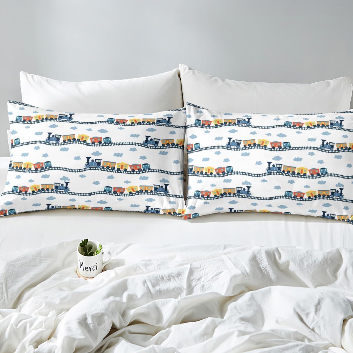 Erosebridal Cute Steam Engine Queen Sheets for Kids Toddlers Kawaii Train Sheet & Pillowcase Sets Construction Vehicles Bed Sheets Cartoon Railway Sheet Set Boys Car Theme Sheets 4pcs