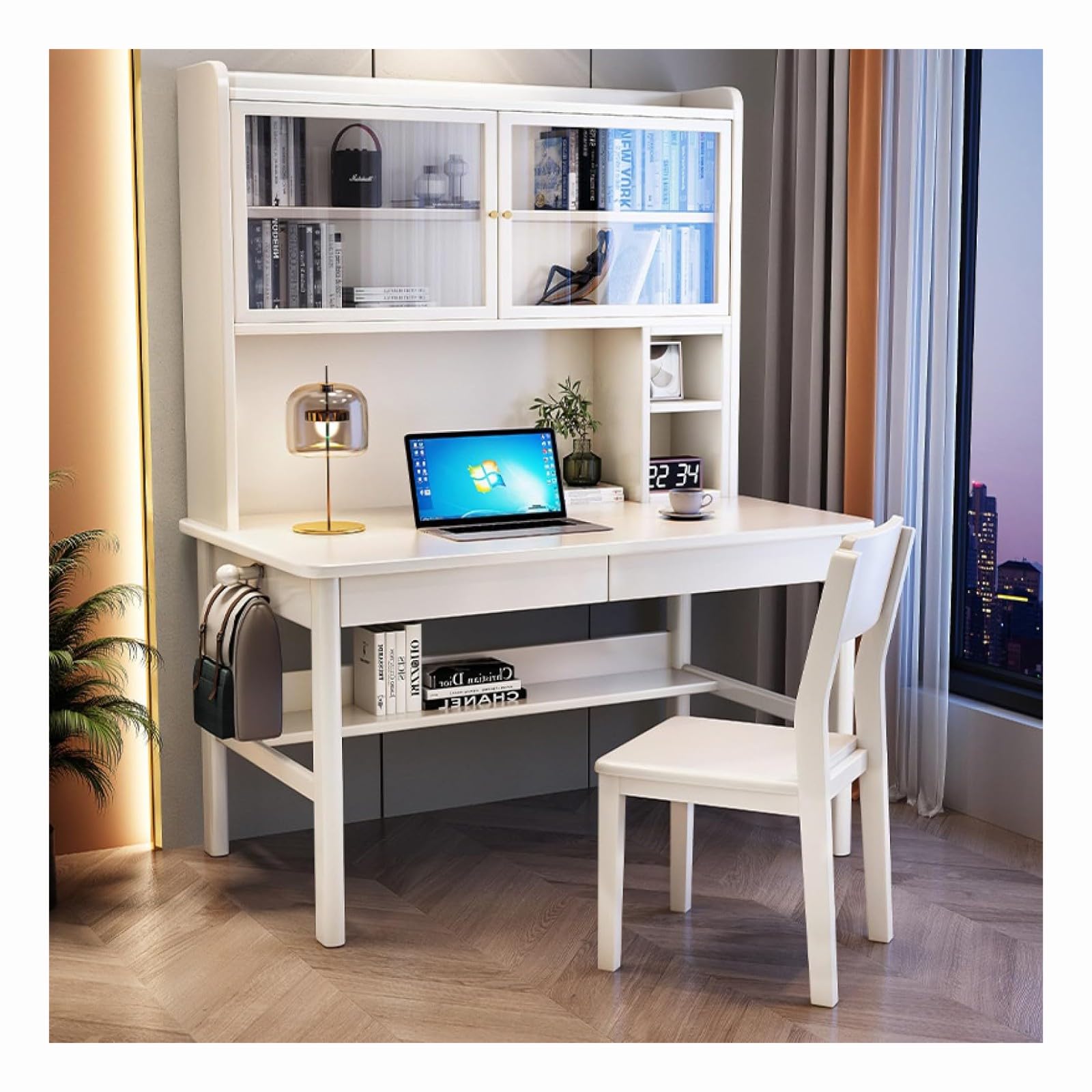 WDSOPK Computer desk Home Office Desk Home Computer Desk with Drawers ＆ Desktop Hutch,Bookshelf Workstation for Study Play Work Bedroom Home Office（White-31Inch）