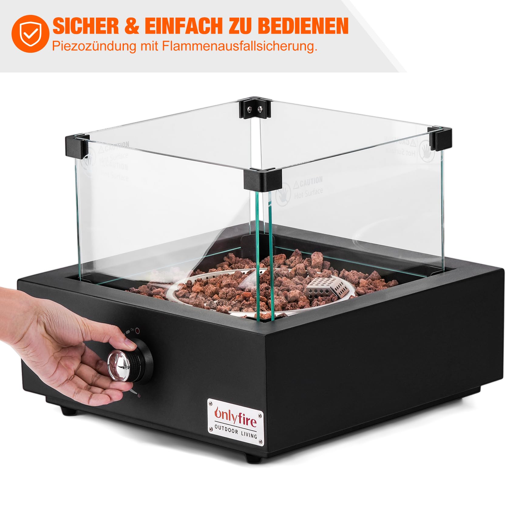Onlyfire Tisch Gas Feuerstelle, Quadratische Outdoor Feuertisch mit Glaswindschutz, Lavastein und Hinterem Lufteinlass, Multifunktional Tischfeuer für Heizung, BBQ Grill & Ambientebeleuchtungen