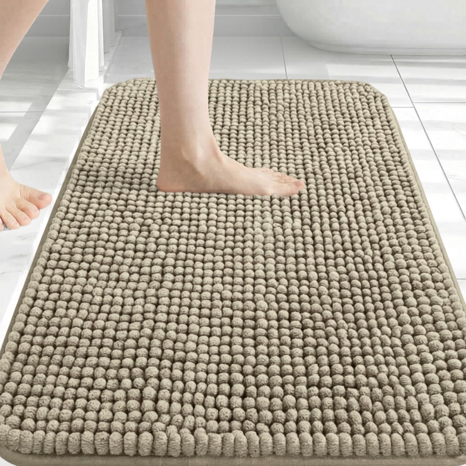Hafaa Bath Mat Non Slip Anti Mould – Khaki Chenille Bathroom Mat 60 x 90 cm Machine Washable Bath mats Super Absorbent Extra Soft Fluffy Shower mat
