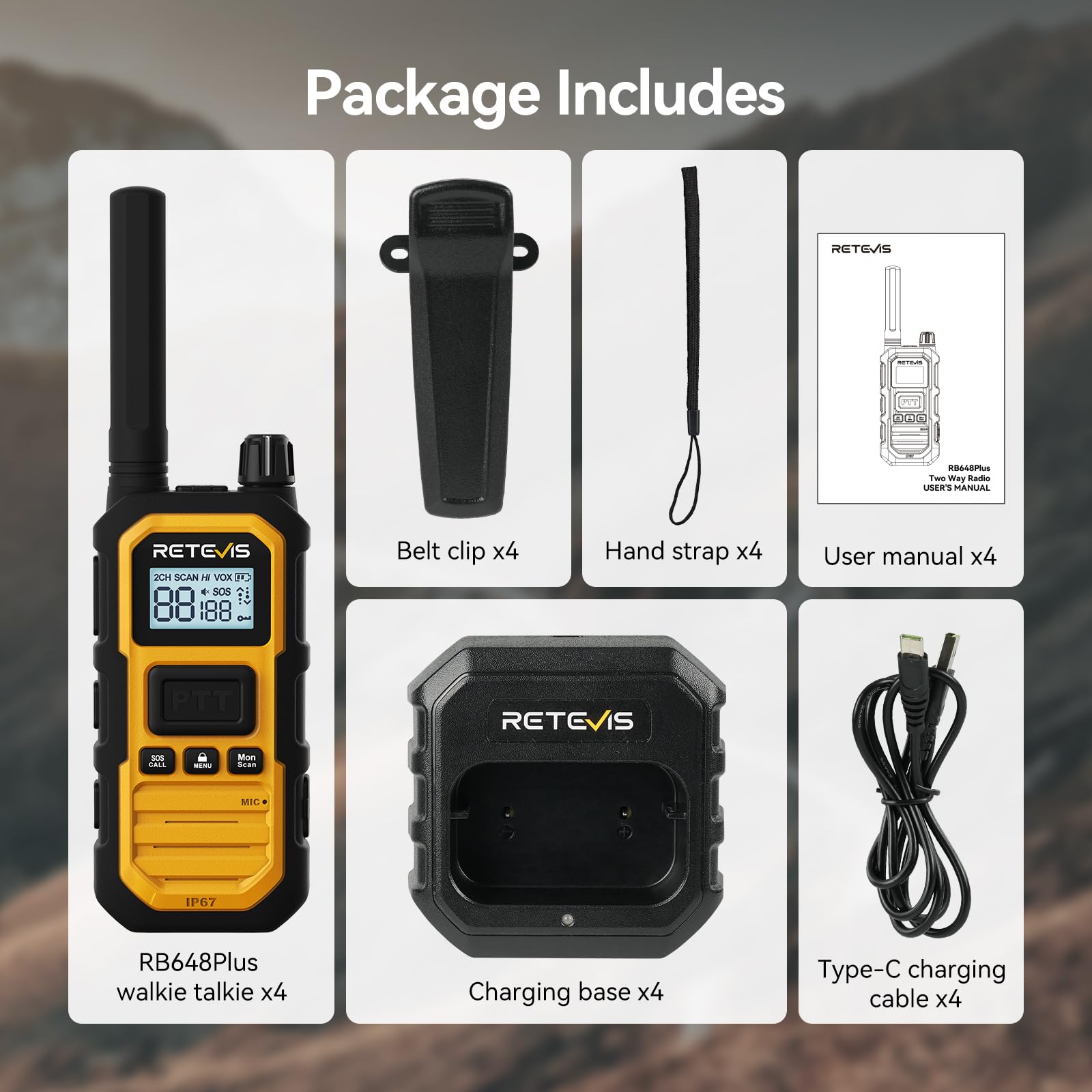 Retevis RB648 Plus Walkie Talkie a Lungo Raggio, Radio Bidirezionale Robust, Tripla Protezione Avanzata, Impermeabile IP67, 2000 mAh, Ricetrasmittenti Portatile per Ambienti Difficili(4 Pezzi, Giallo)