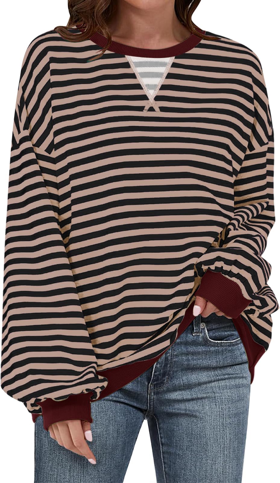 Women Oversized Striped Crewneck Sweatshirt Long Sleeve Casual Pullover