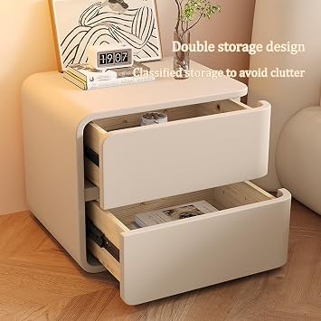 Luxury Minimalist Leather Nightstand - Elegant Bedside Table with 2 Drawers for Room Storage,Available in Beige and Pink,Left/Right Options,Dimensions: 45X40X50Cm,Beige,R,40x40x50CM/15.7x15.7X