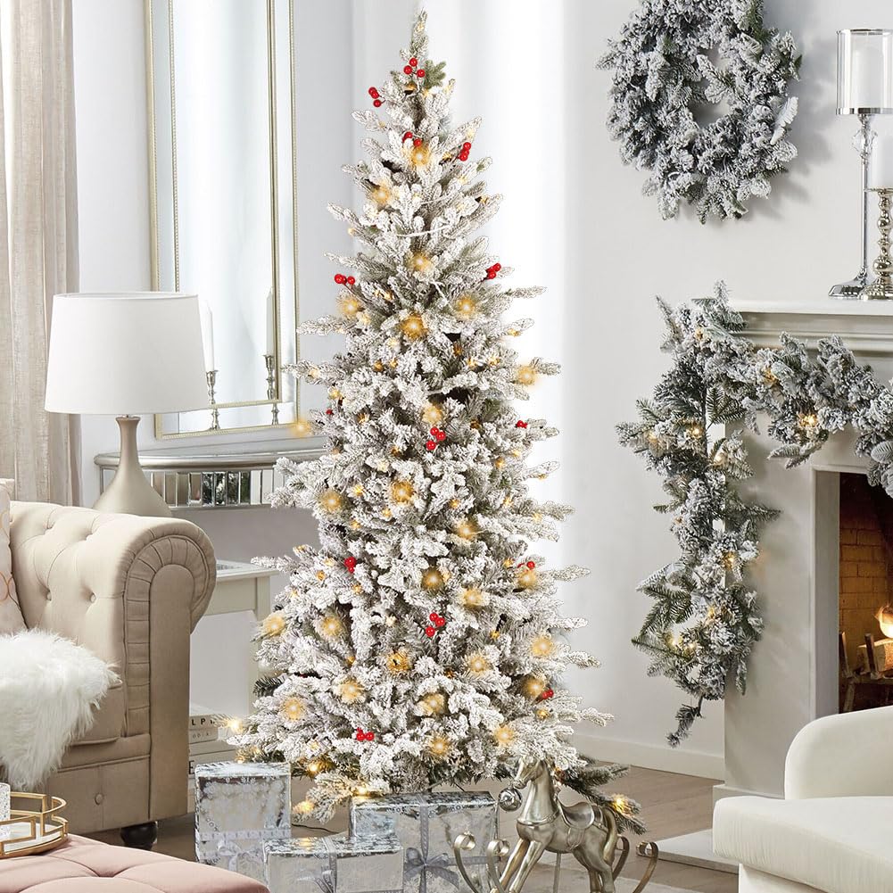 Albero di Natale artificiale preilluminato da 185 cm, albero di Natale a matita sottile con 200 luci LED bianche e calde, punte dei rami, decorazione natalizia per interni, esterni, casa e ufficio.