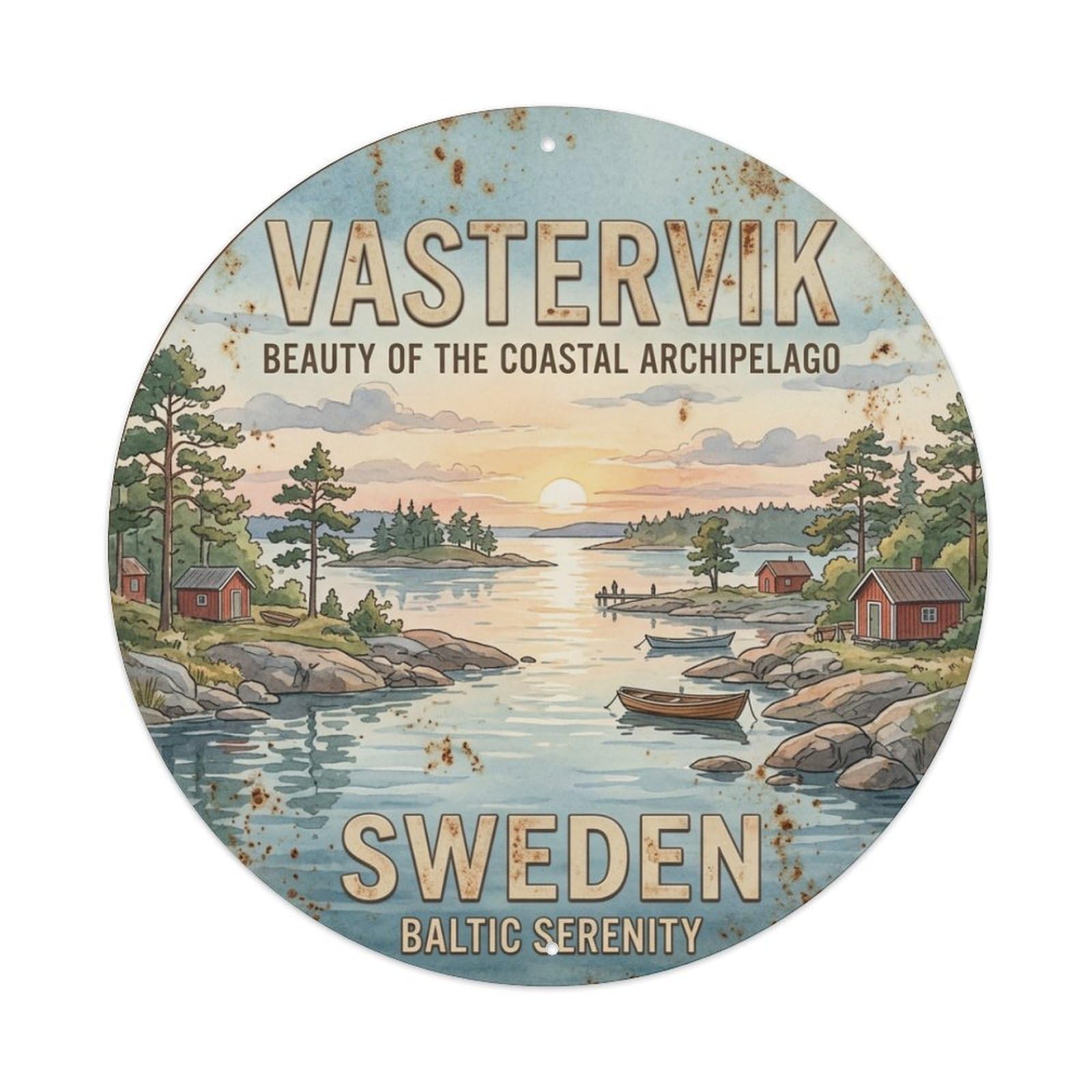 Vintage Travel Vastervik Sweden Coast Metal Tin Sign