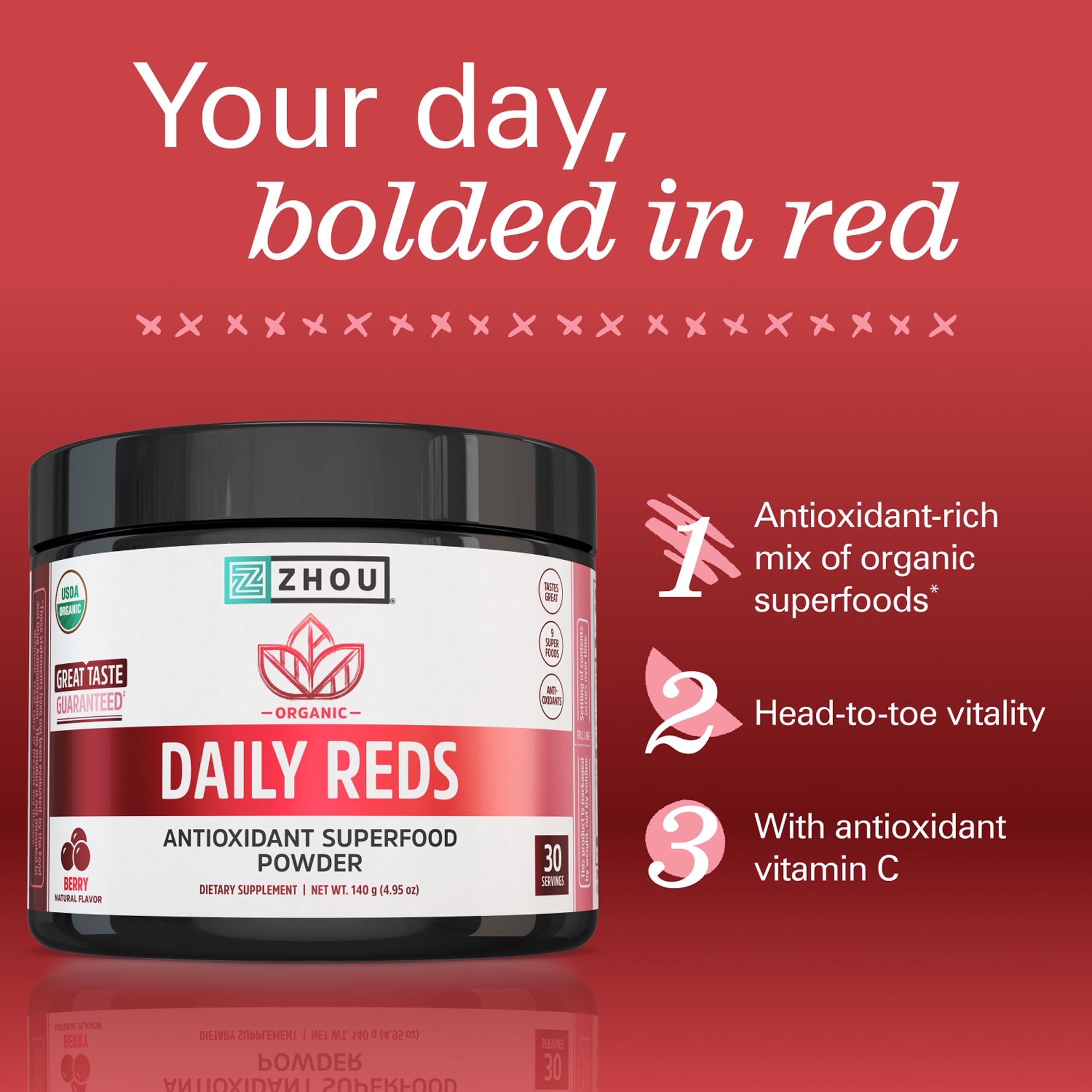 Zhou Organic Reds Powder - Natural Berry Flavor, 4.95 oz (30 Servings) — Amazon image 3