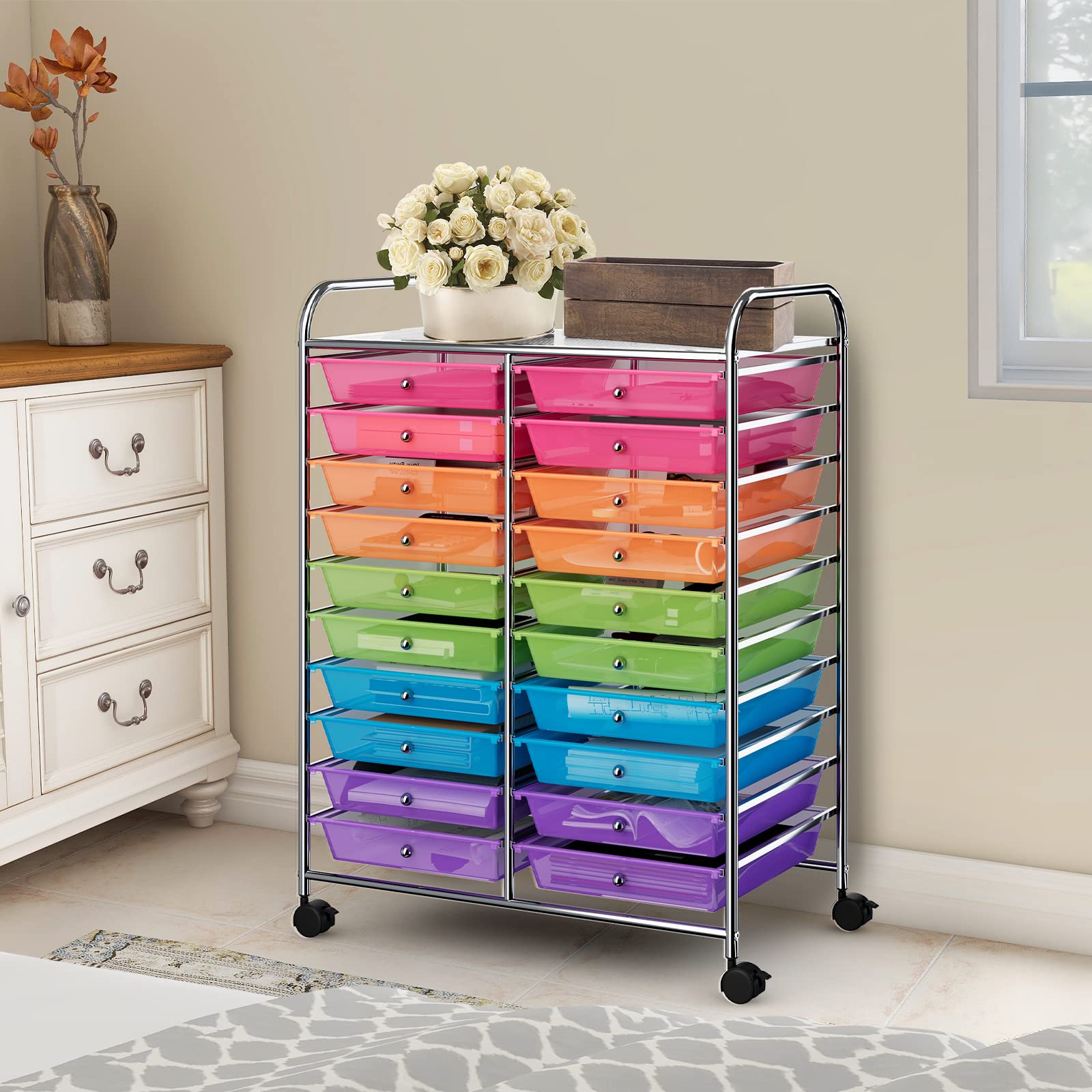 GOPLUS Chariot de Rangement 20 Tiroirs, Tour de Rangement à roulettes, Cadre en Acier, pour Chambre, Bureau, 64 x 38 x 87 CM, Multicolore Tranparent