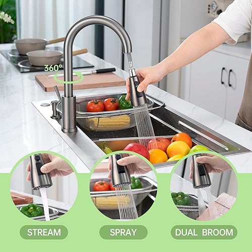 Miniatura 3 de APPASO Grifo de cocina con dispensador de jabón, grifos de fregadero de cocina de acero inoxidable negro con rociador extraíble, 3 modos, grifos de