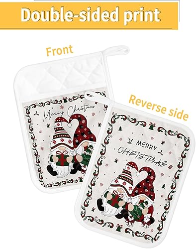 Miniatura 2 de Juego de 4 agarraderas de gnomos de Navidad para cocina, antideslizantes y aislantes de calor, juego de agarraderas de tela de toalla con bolsillo,