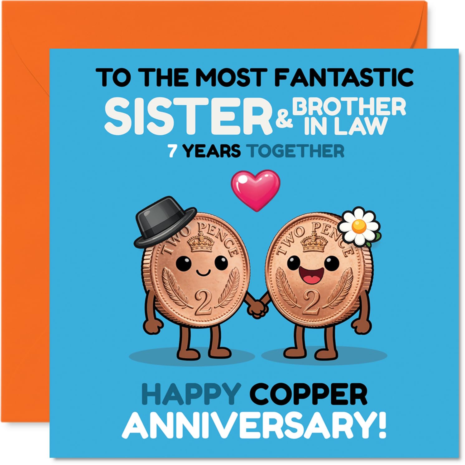 Playful 7th Anniversary Card for Sister & Brother In Law - A Penny for Your Thoughts - Adorable Coins Holding Hands in Cheerful Colours - 145mm Square, Envelope Included