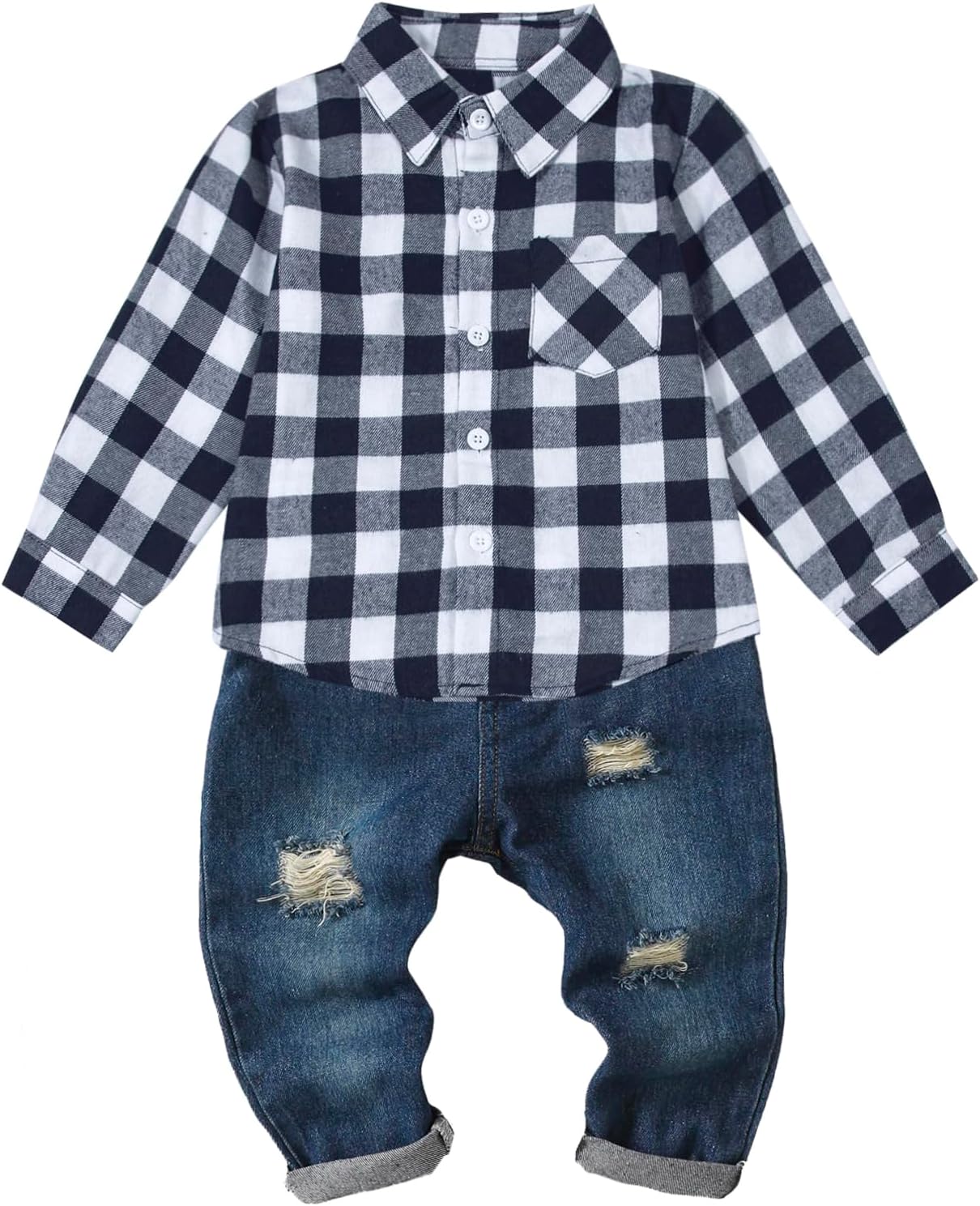 Roupas Jeans Para Bebês Meninos De Flanela, Xadrez, Botões, Bolsos