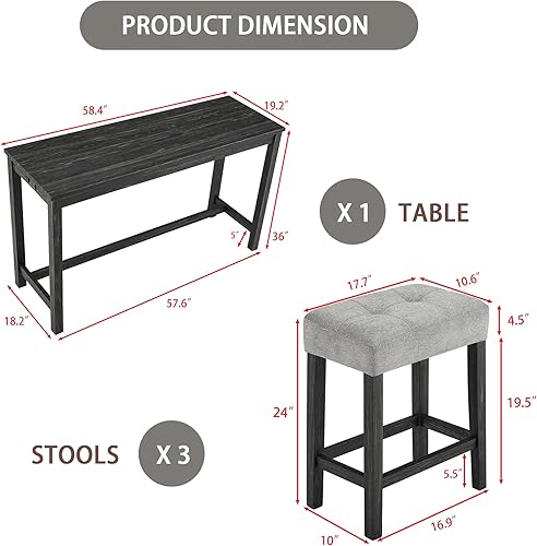 Miniatura 2 de Merax Juego de mesa de bar de 59 pulgadas con toma de corriente, mesa de desayuno industrial con 3 taburetes tapizados con reposapiés, juego de mesa