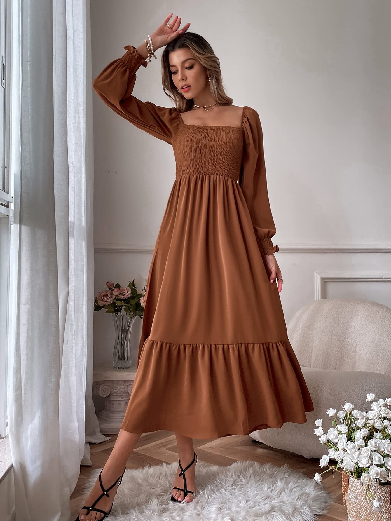 Neeno Women's Dresses Square Neck Shirred Ruffle Hem Dress Dress for Women (Color : Brown, Size : Small) : Clothing, Shoes & Jewelry