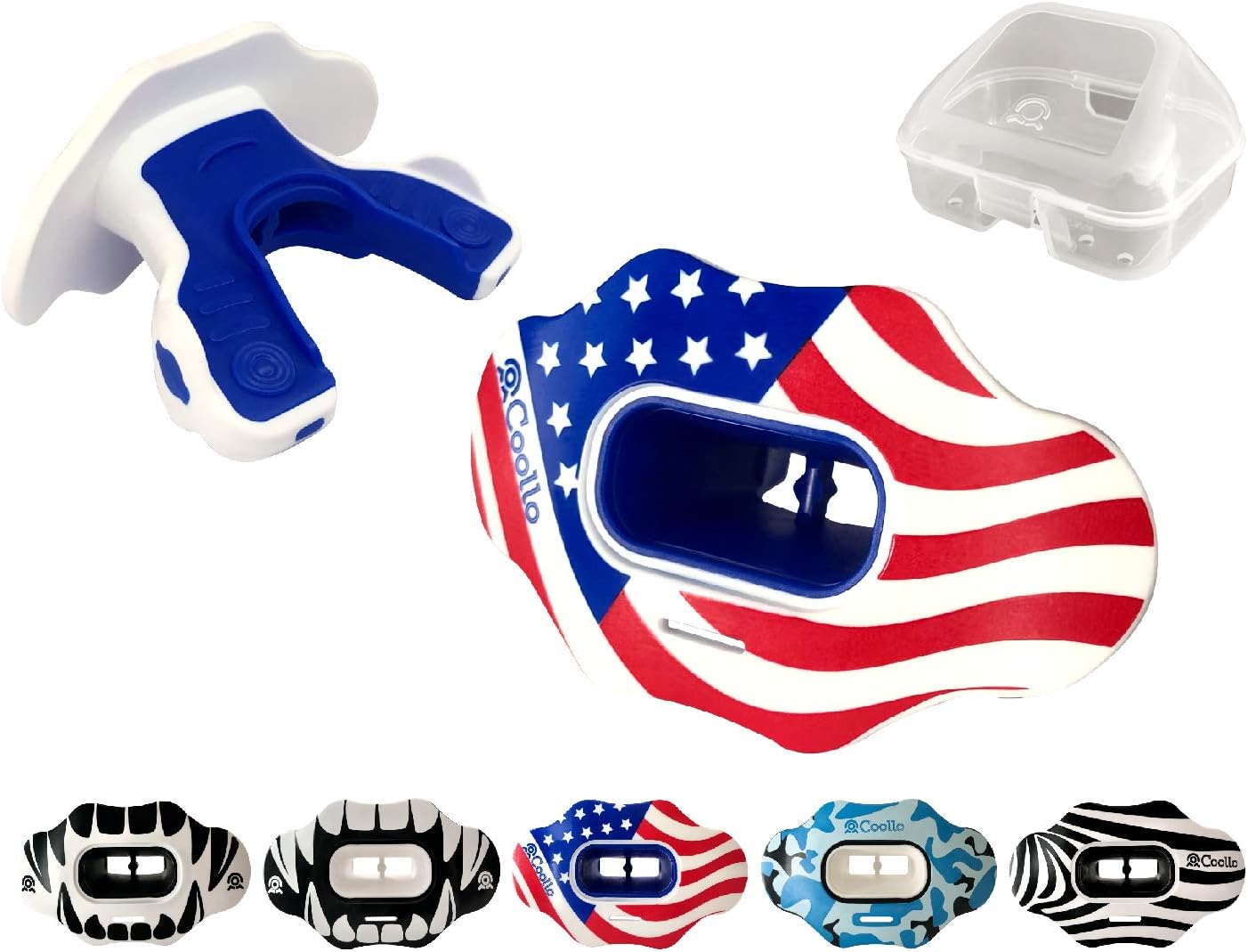COOLLO SPORTS Lip Guard Mouthguard MAXX/ MIGHT Football and High Impact Sports Lip Protector for Adults & Youth USA Flag & Fangs (Strap Included) : Sports & Outdoors